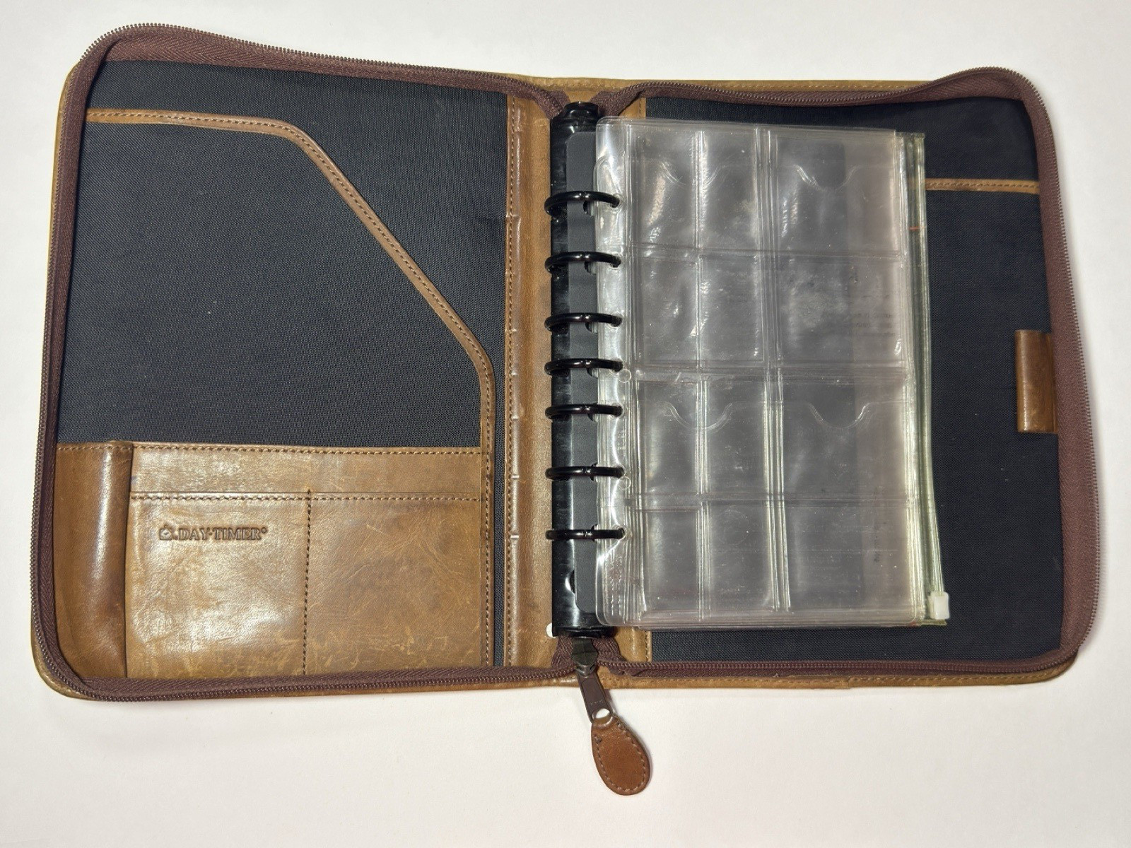 Day Timer Planner Organizer Vtg Brown Leather Folio 7 Ring Binder Notebook