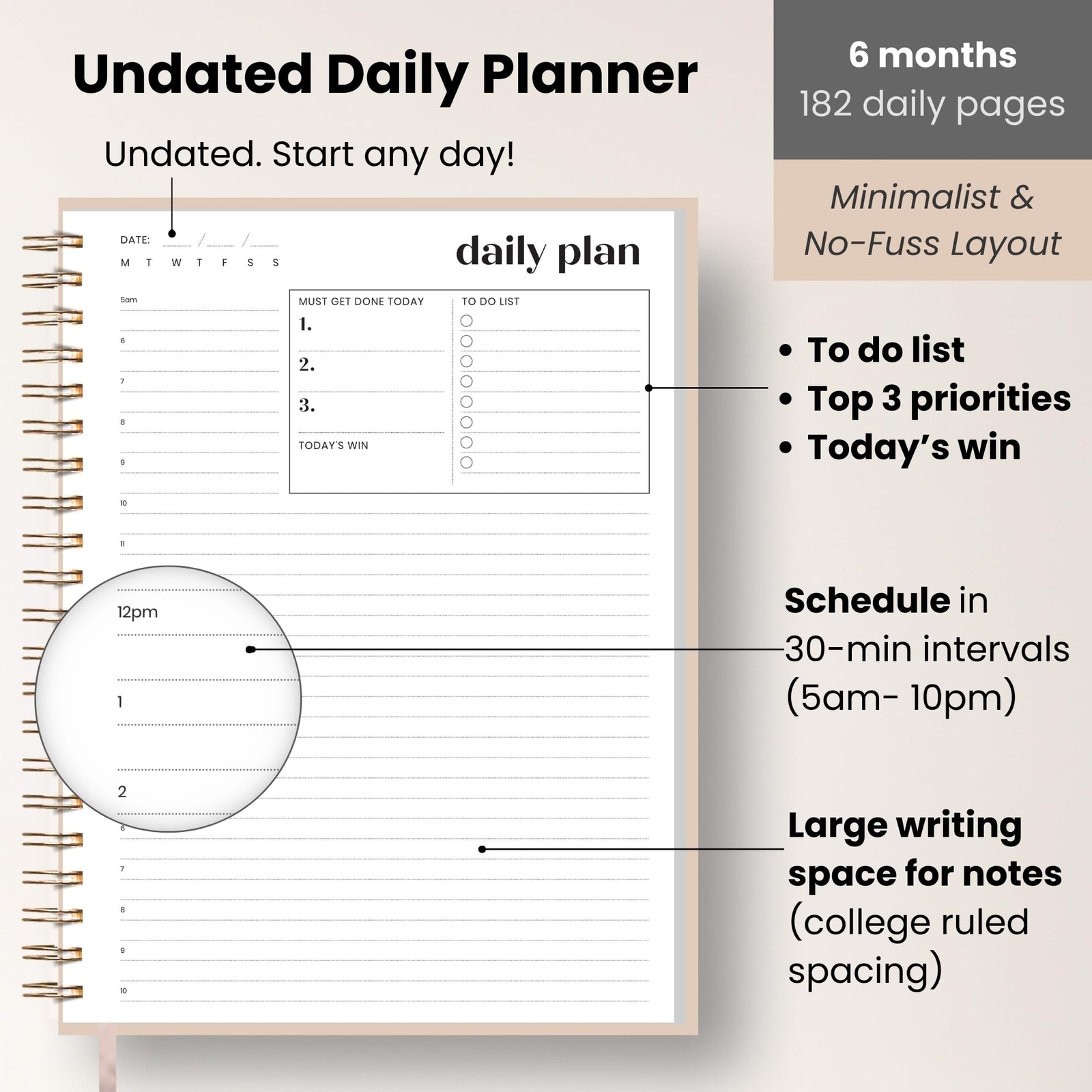 Undated Daily Planner with Hourly Schedule 8.5″ x 11″ Letter Size Pages – Ful…
