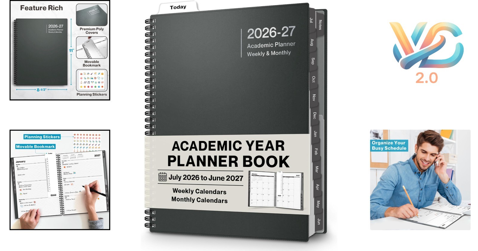 Planner 2026-2027 8.5×11 Weekly & Monthly Calendar Charcoal Gray Spiral Bound