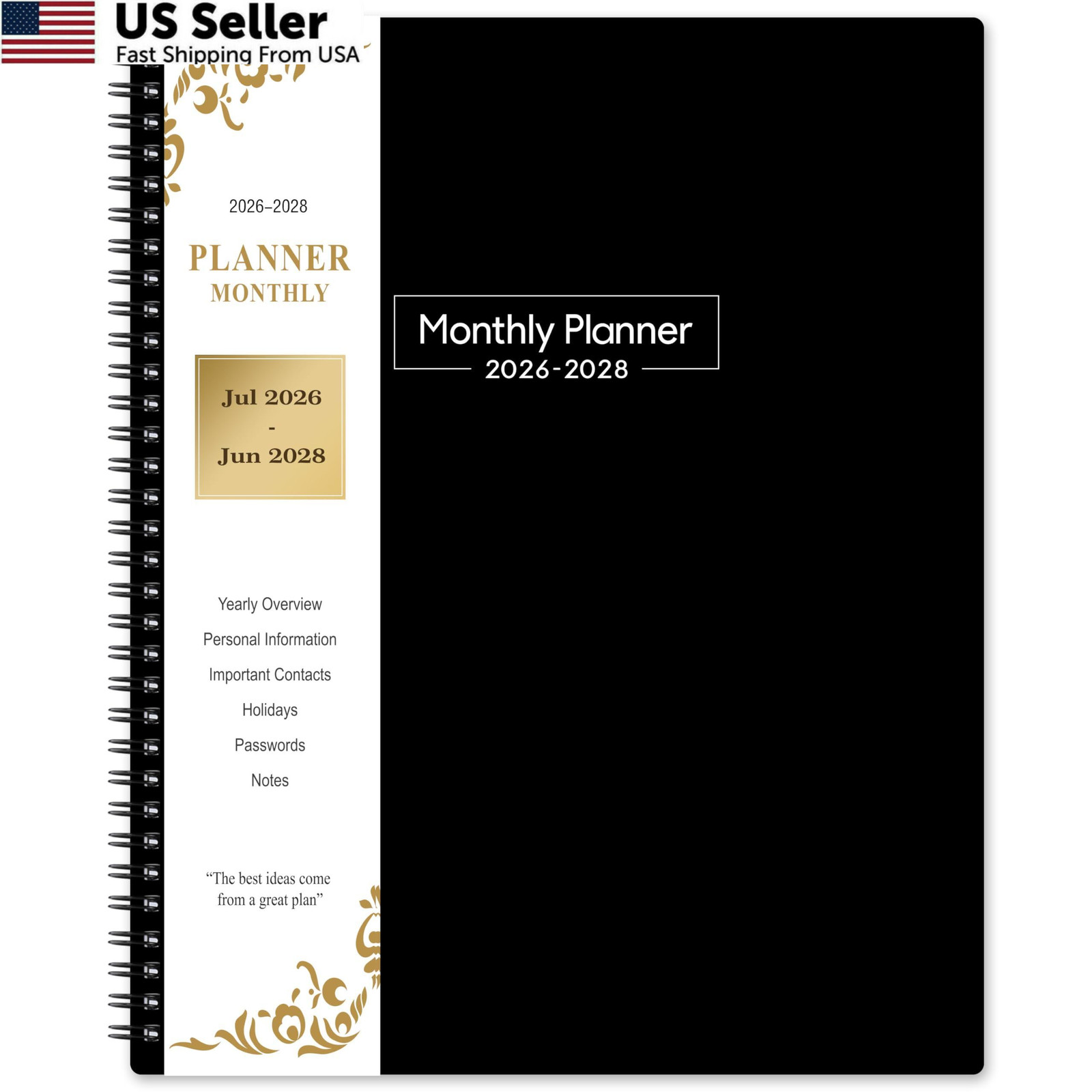 2026-2028 Monthly Planner – from July 2026 to Large, Black