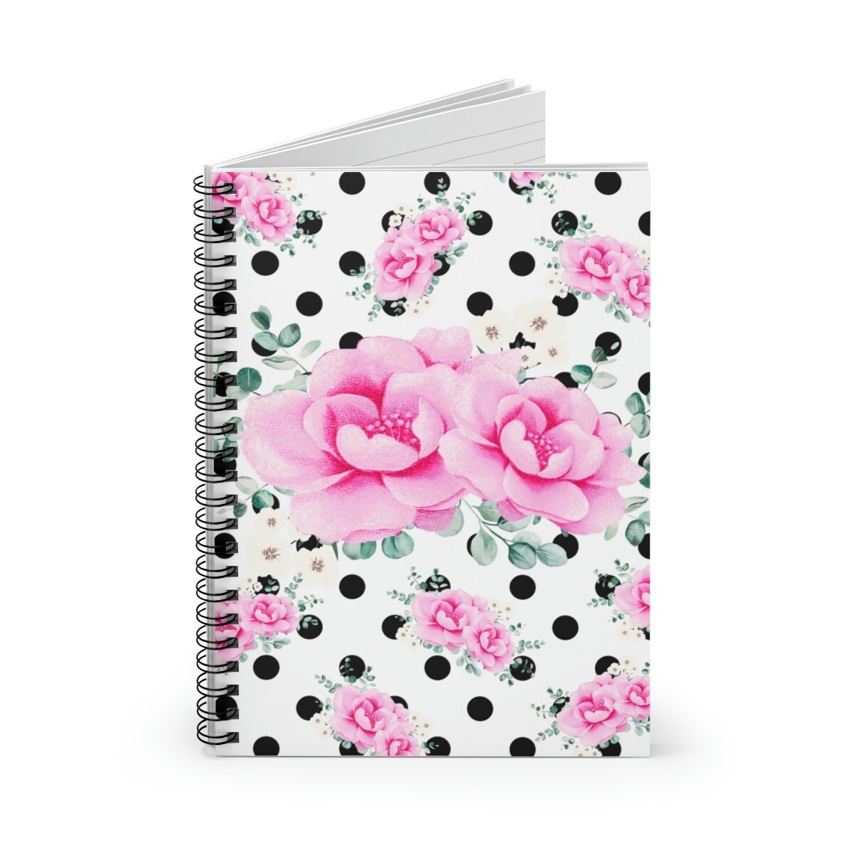 Small Spiral Notebook-Magenta Pink Floral-Black Polka Dots-White