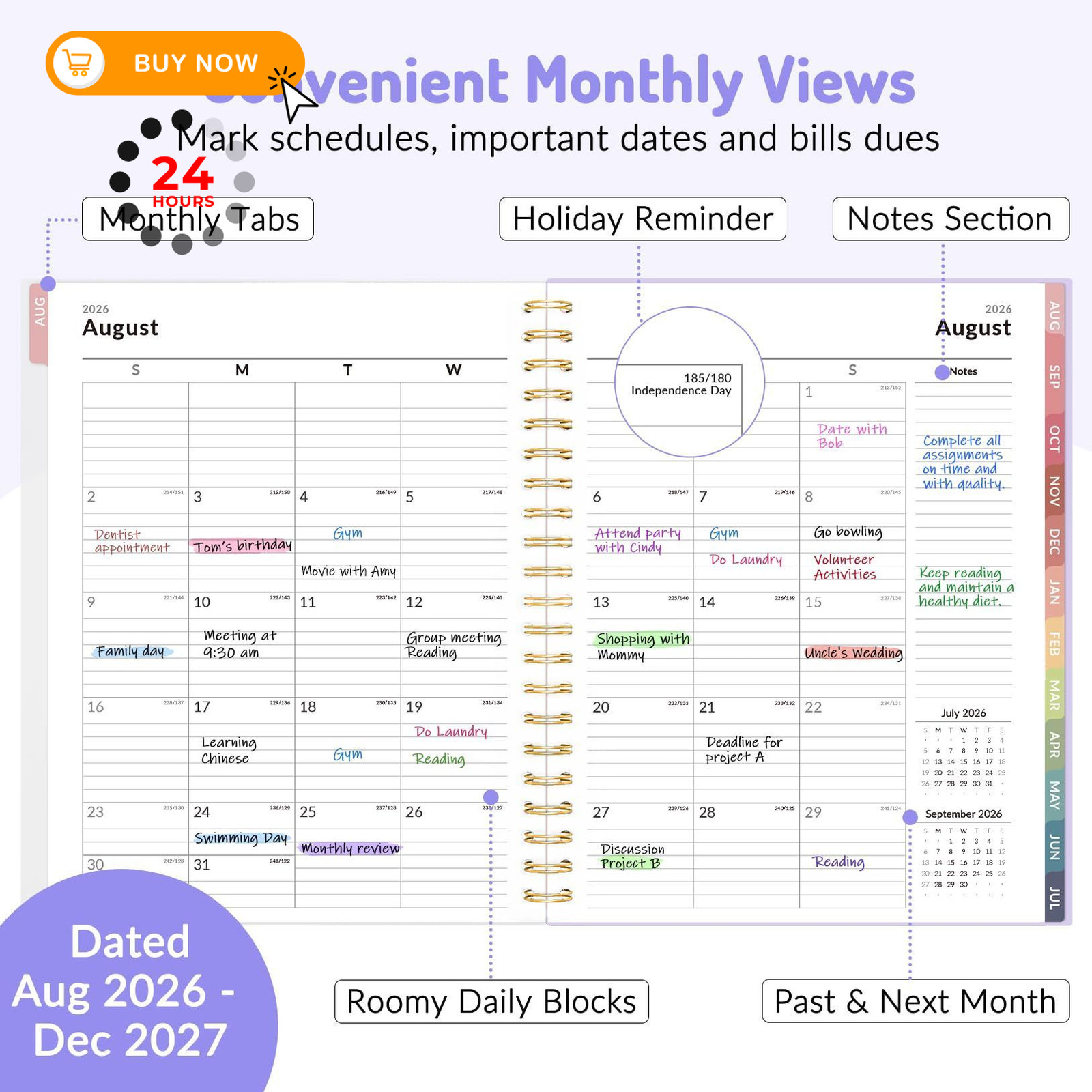 Aug 2026 – Dec 2027 Planner, Forvencer 17 Month Academic 8.5″ x 11″, Purple