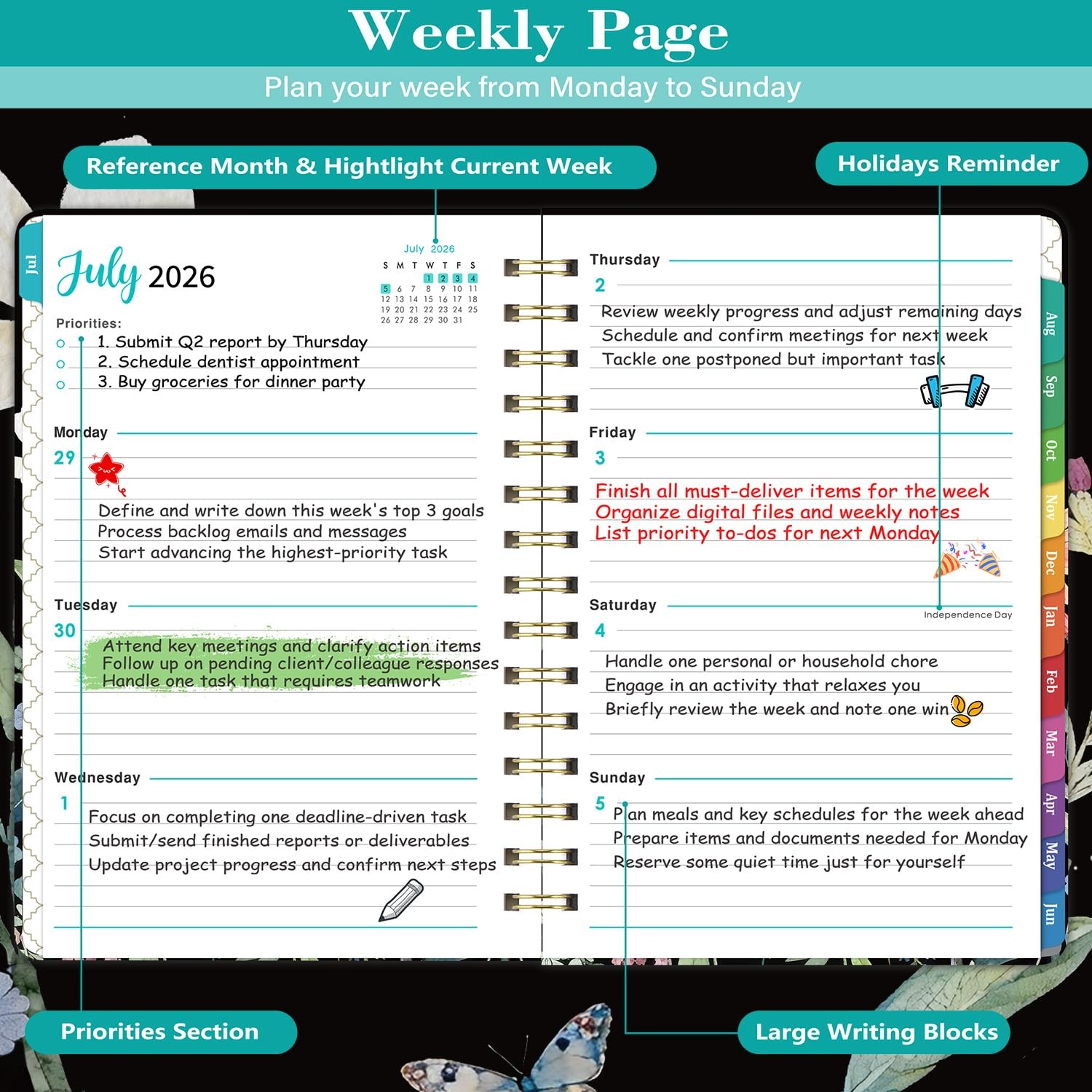 20262027 Planner Weekly Monthly Hardcover 6.5×8.5 Colorful Tabs Academic