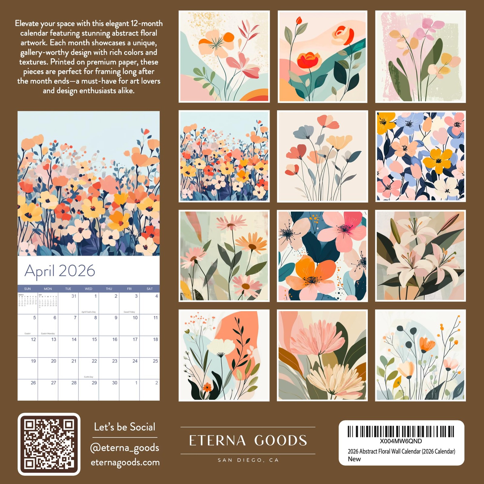 2026 Floral Art Calendar | Modern Deco Flower Wall 2026