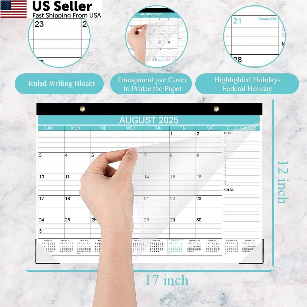 Desk Calendar 2025-2026, Runs Aug 2025 to December 2026, 17″ x 12″, Teal