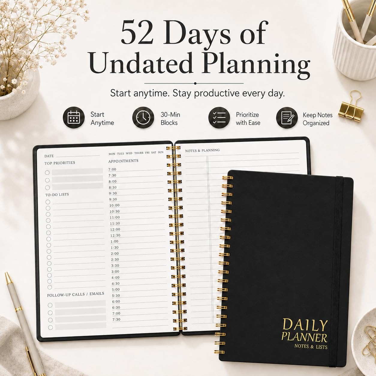Daily Planner with Hourly Schedules – Undated To Do 5.5 x 8.5 inches, a.Black