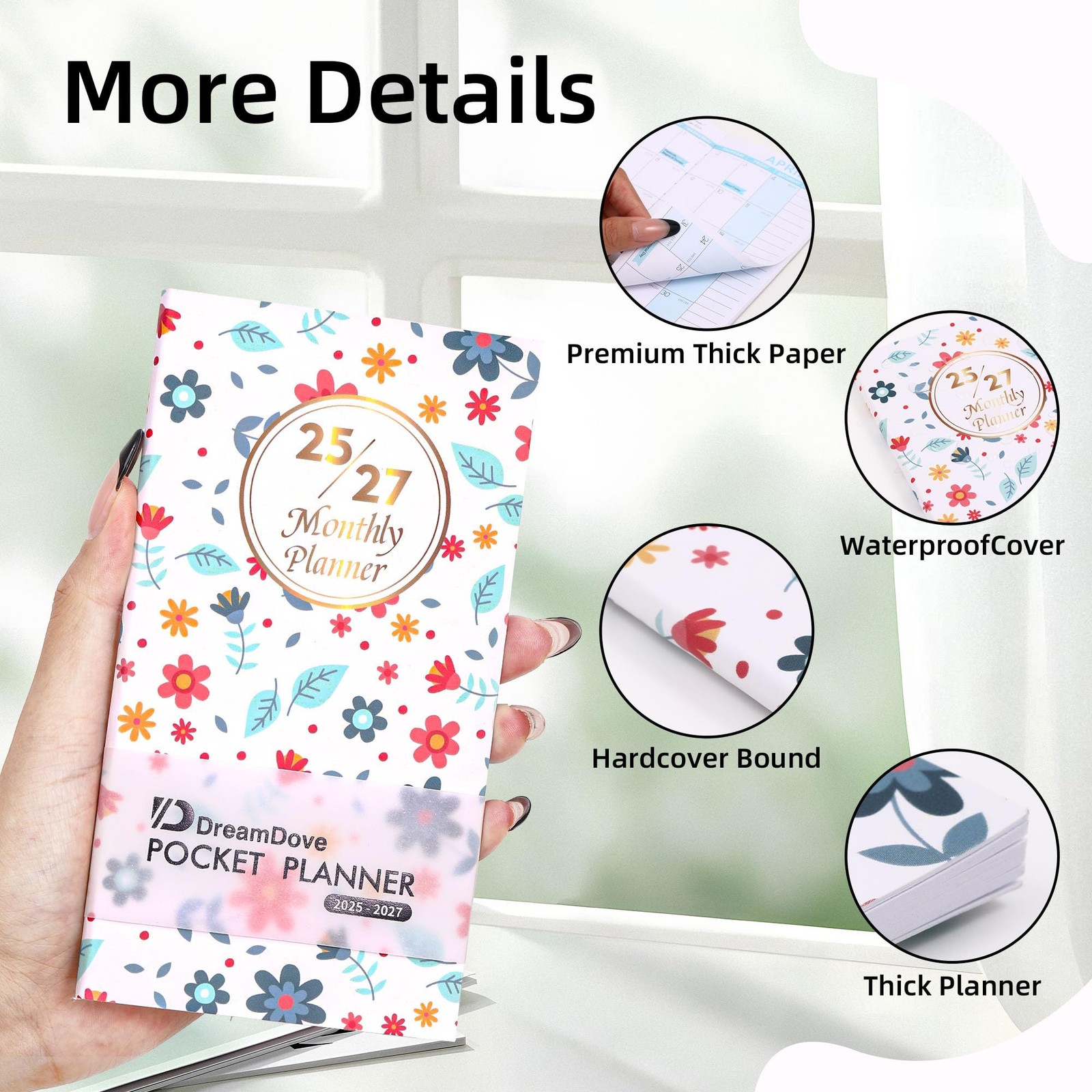 DreamDove Planner 2026-2027 Pocket Monthly 3.5 x 6.5 inches, Floral-1PCS