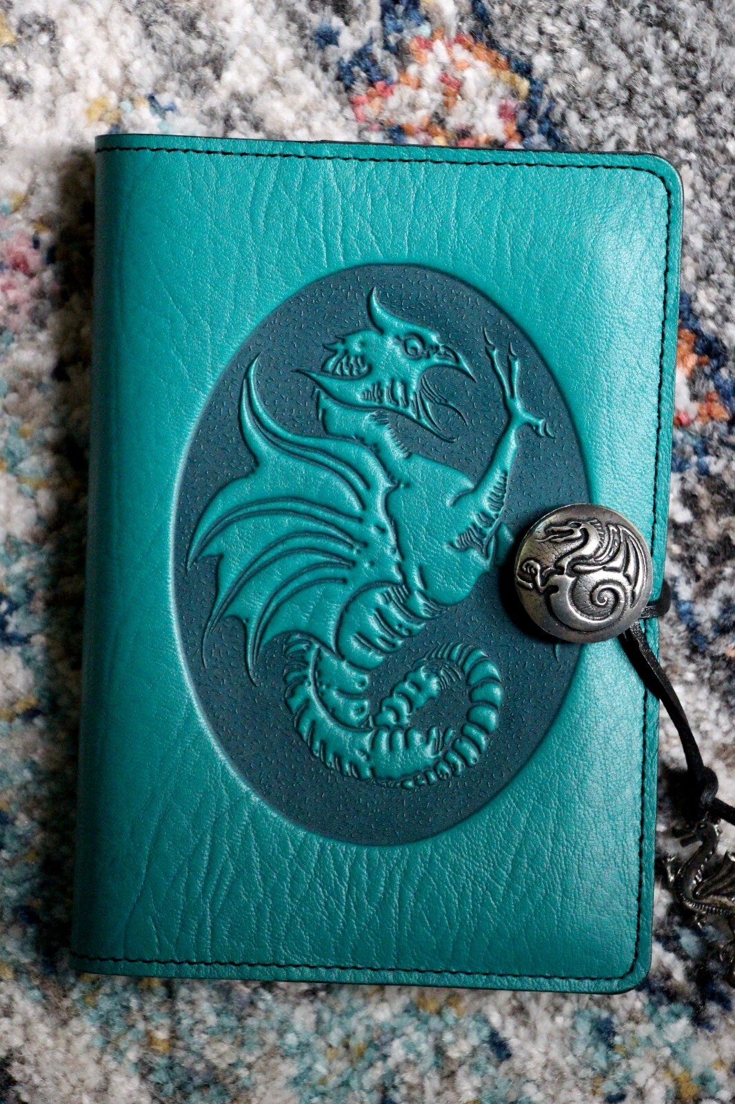 Oberon Design Leather Small Journal Cover DRAGON-COCKATRICE in TEAL