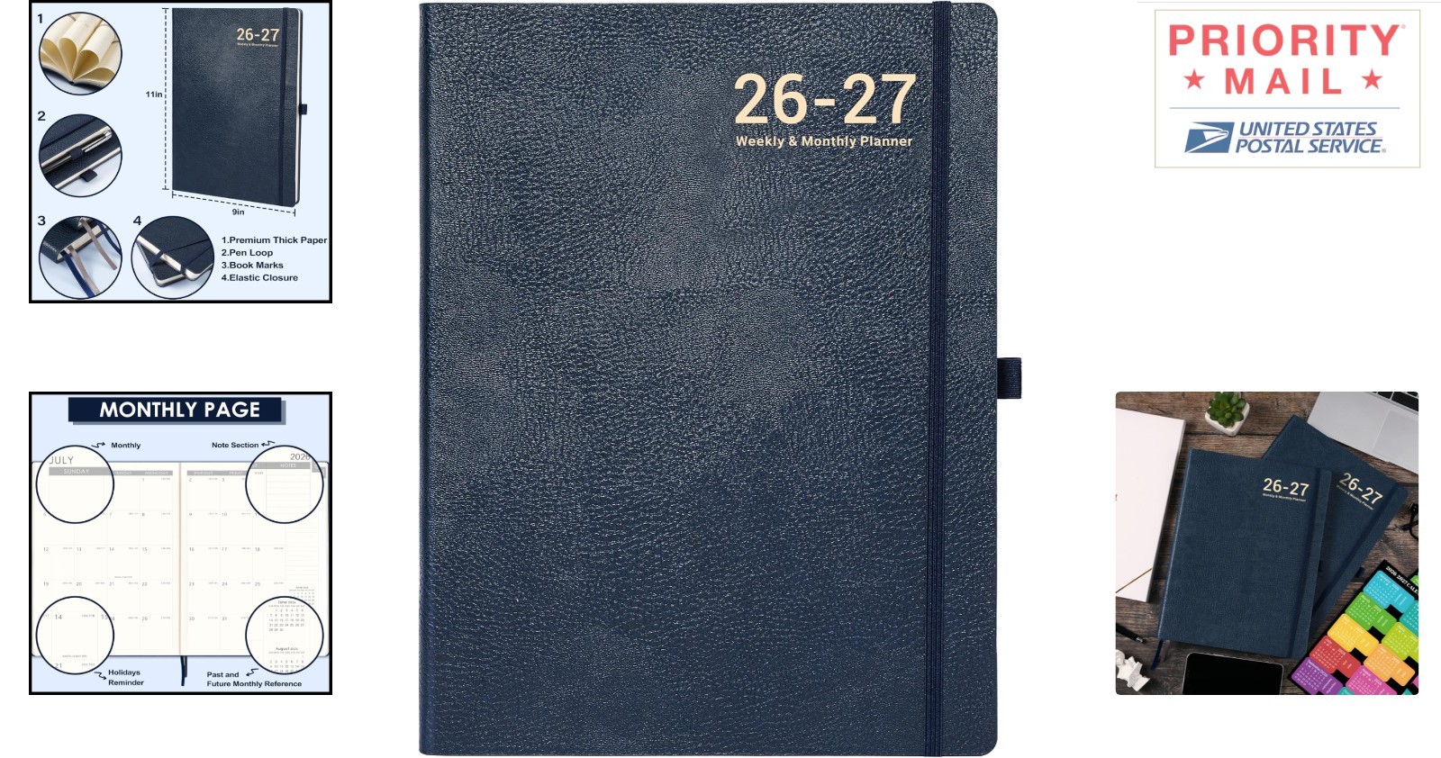 2026 2027 Monthly Weekly Planner Blue Flexible Cover Notebook with Notes Pages