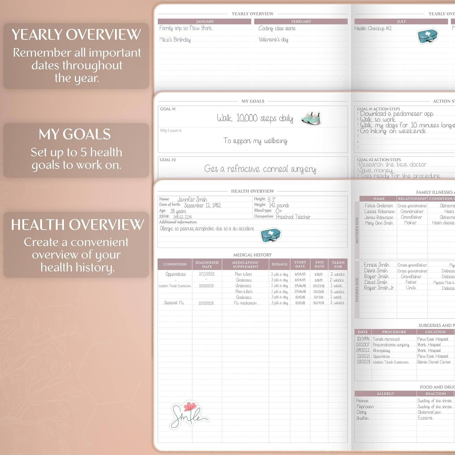 Legend Medical Planner 12-Month Health Tracker Journal Large (Rose Gold)