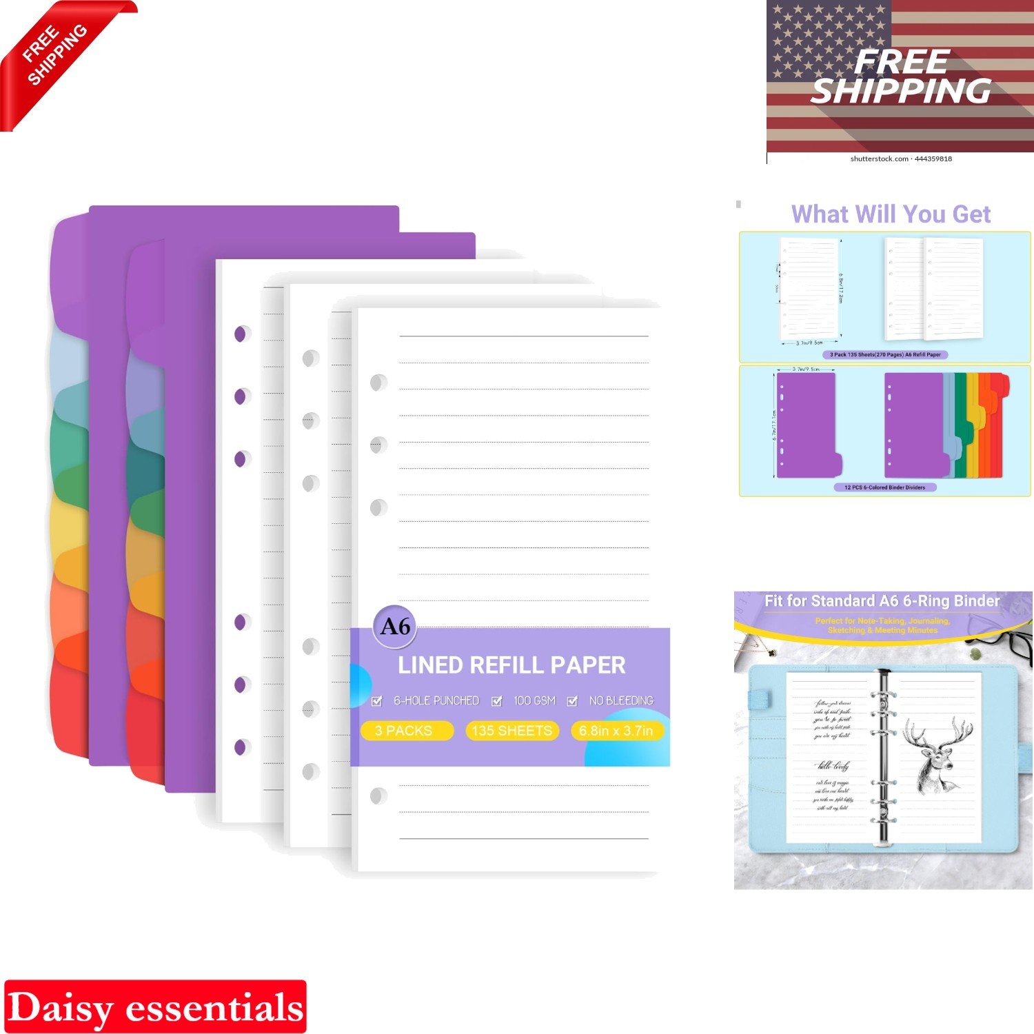 A6 Refill Paper 135 Sheets with 12 Dividers for 6-Ring Binders Notebook Journal