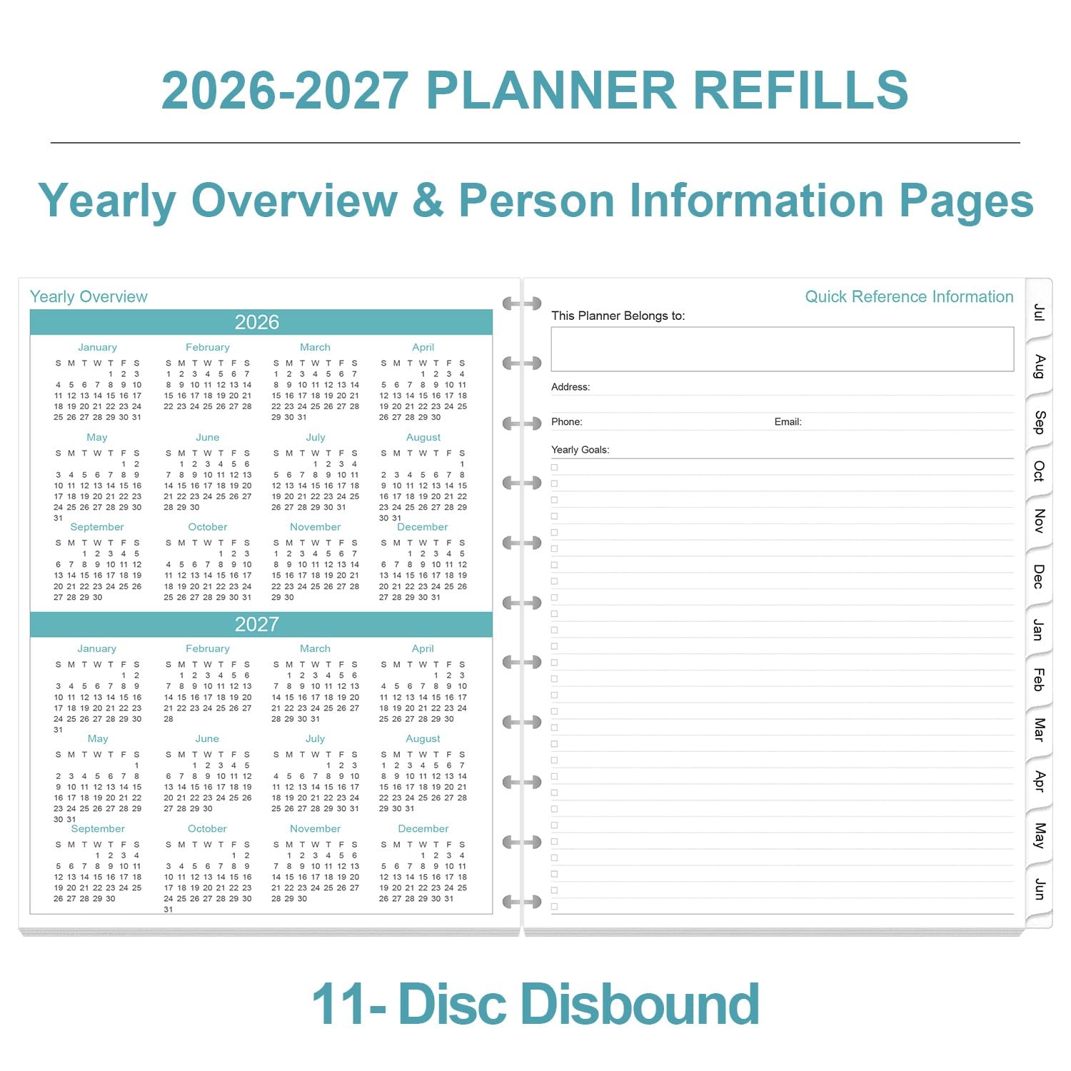 Yaridar 2026-2027 Planner Refills 11-Disc Discbound One Page Per Day Planner