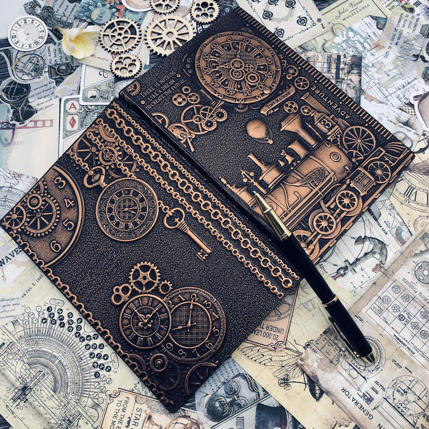 Vintage Train Embossed Leather Writing Journal Notebook with Pen Set,Antique Han