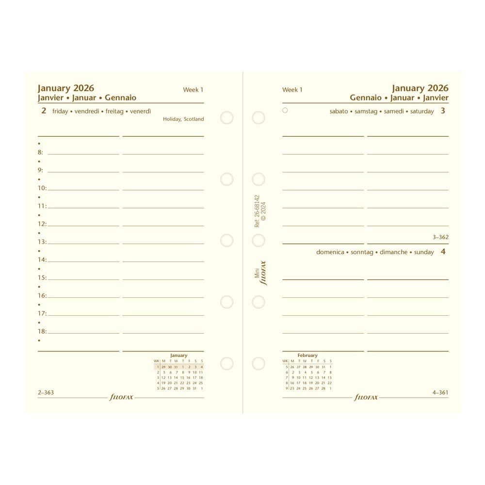 Calendar Diary Refill Mini Size Day One Page Appointments 2026 C68142-26 Paper