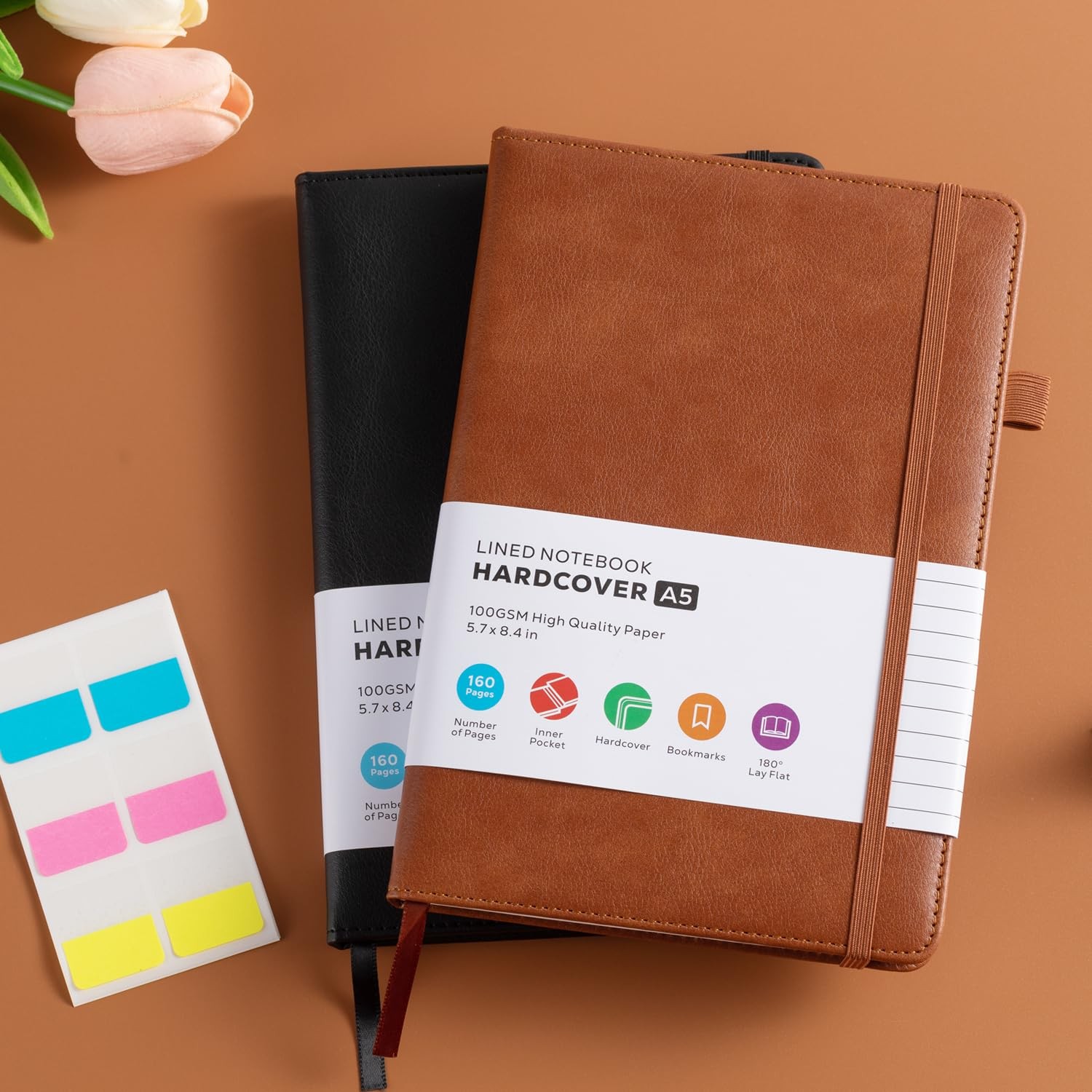 Lined Journal Notebook, A5 (5.7” x 8.4″), 2 Pack Journaling A5, Black_Brow