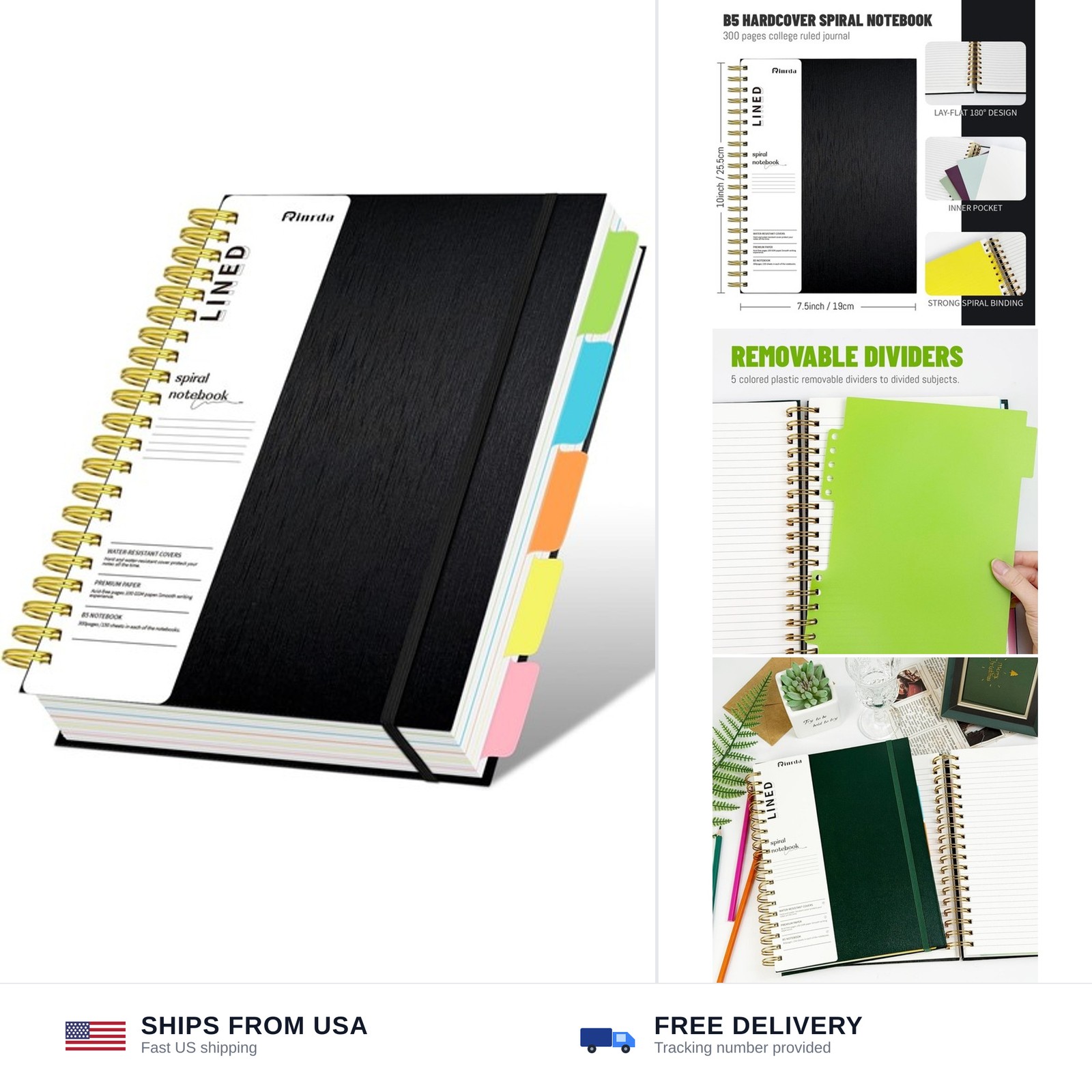 Hardcover Spiral Notebook with removable dividers 300 page,5 Subject Notebook…