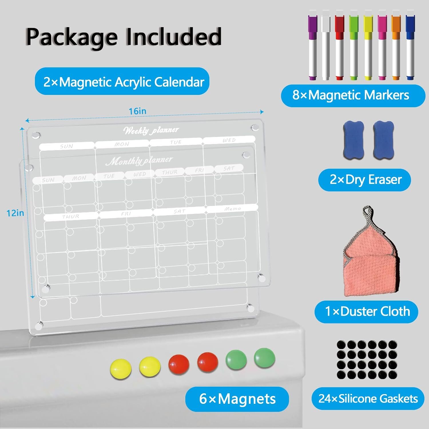 Acrylic Clear Magnetic Calendar, Monthly & Weekly, 16″x12″, Dry Erase, 8 Markers