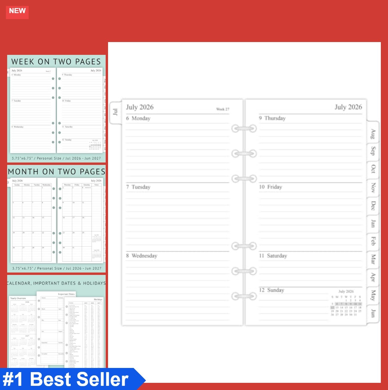 Planner Refill 3.75×6.75 Inch Jul 2026 Jun 2027 Weekly Monthly A6 Ring Binder