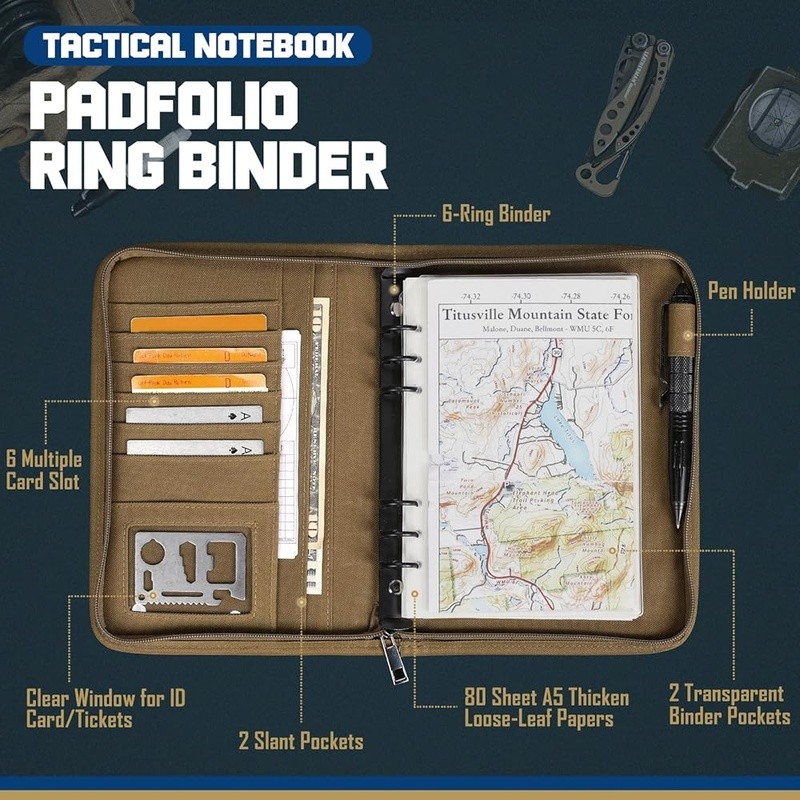 Refillable 6-Ring Binder A5 Notebook Tactical Portfolio Organizer Multi-Pocket
