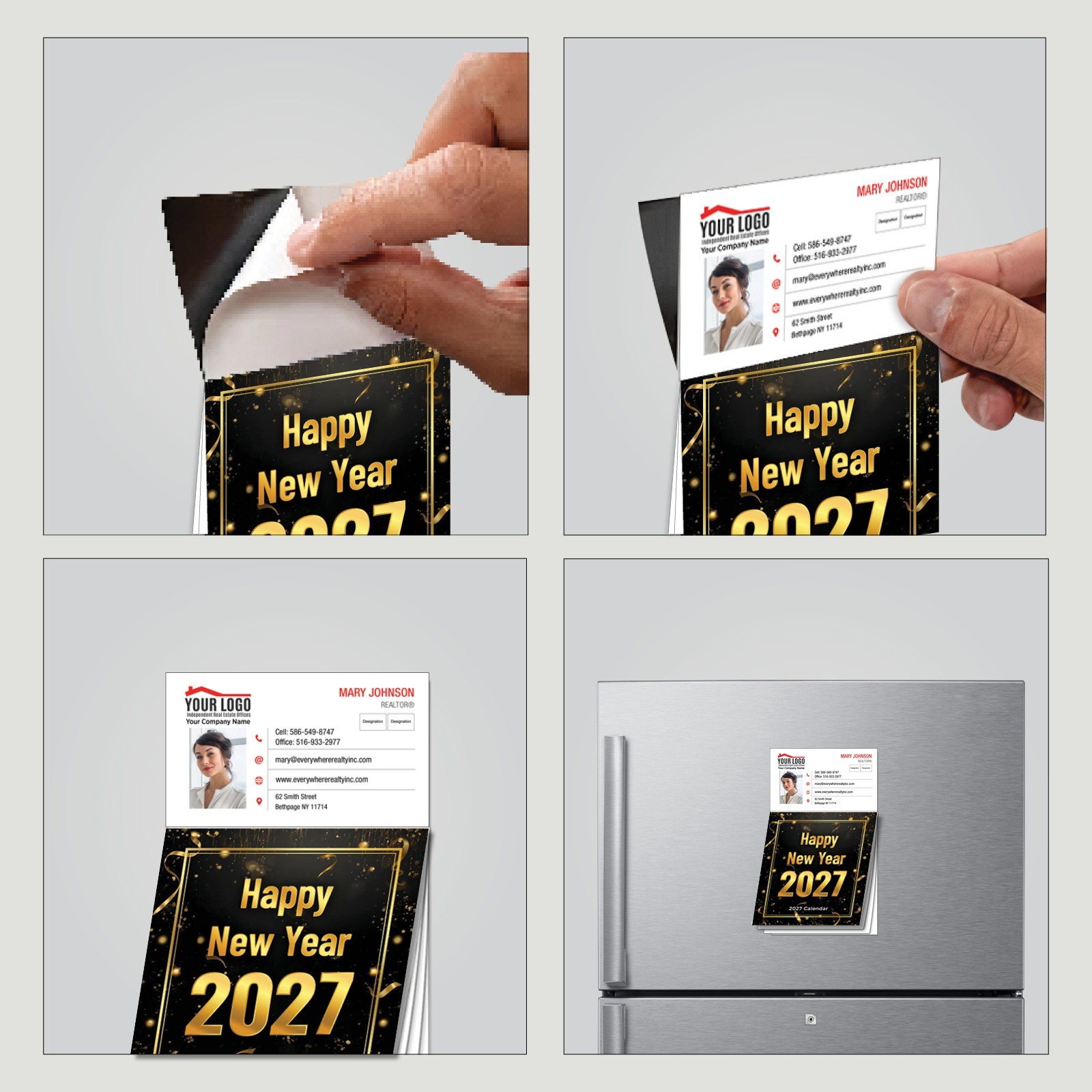2027 Happy New Year Magnetic Calendar Business Card Gold Confetti Promo MPC703