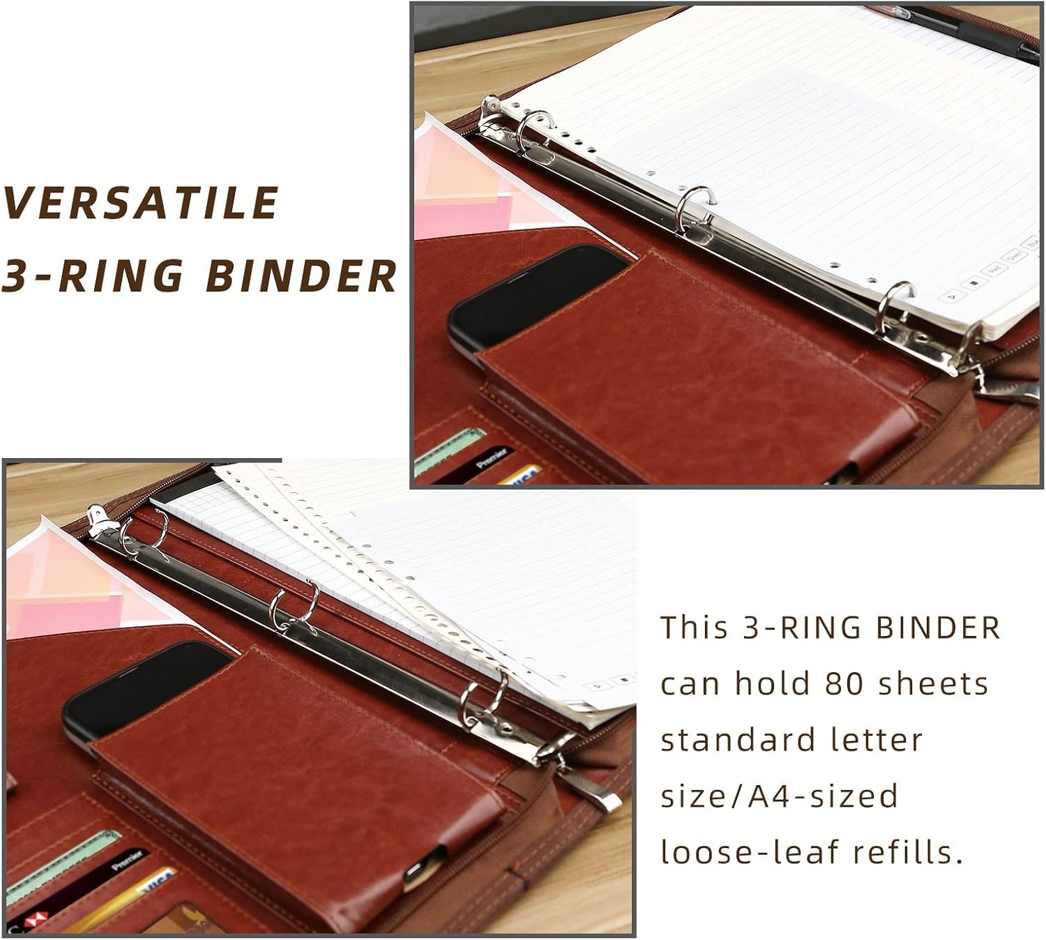 Zippered Portfolio Organizer, Leather Padfolio with 3 Ring Binder, Professional