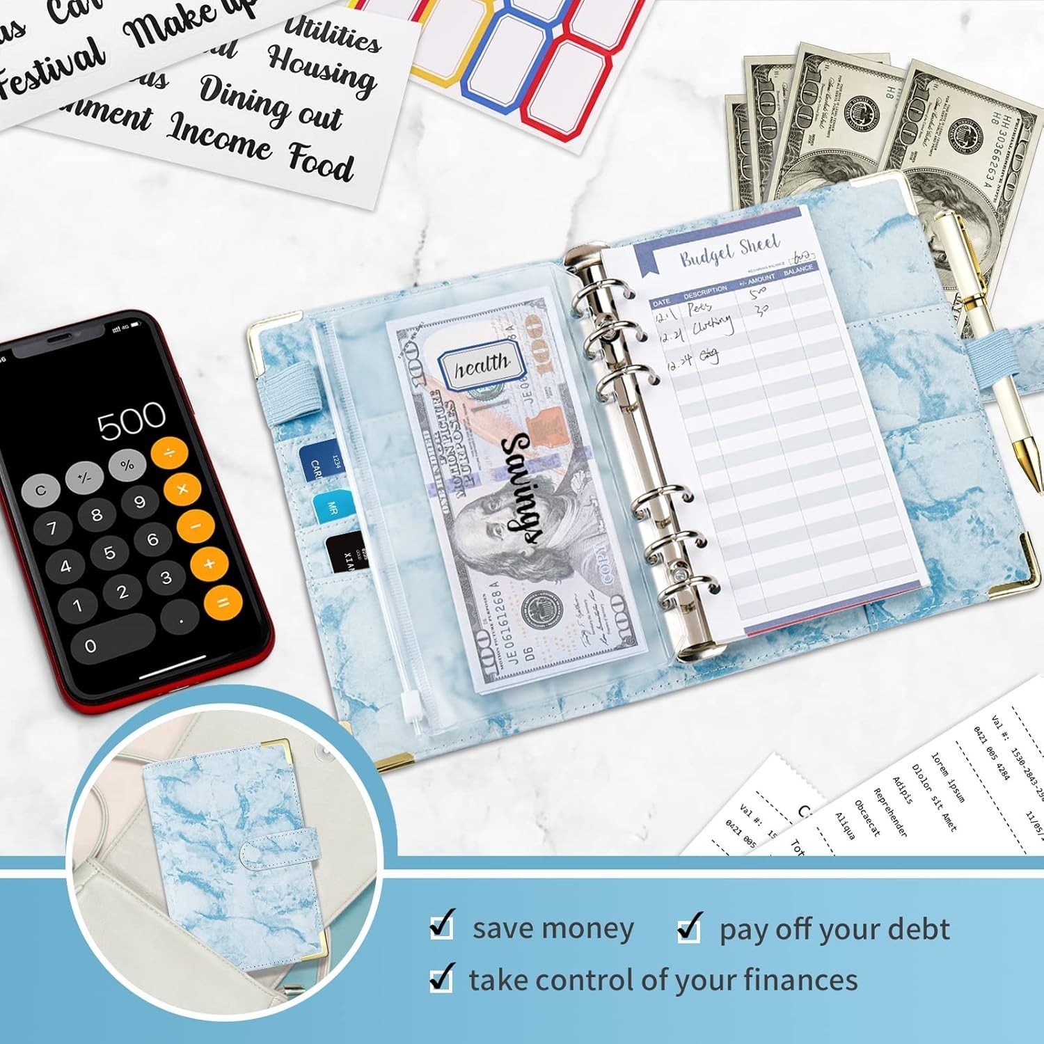 Waterproof 28-Piece Budget Planner with Cash Envelopes & Stylish Marble Cover