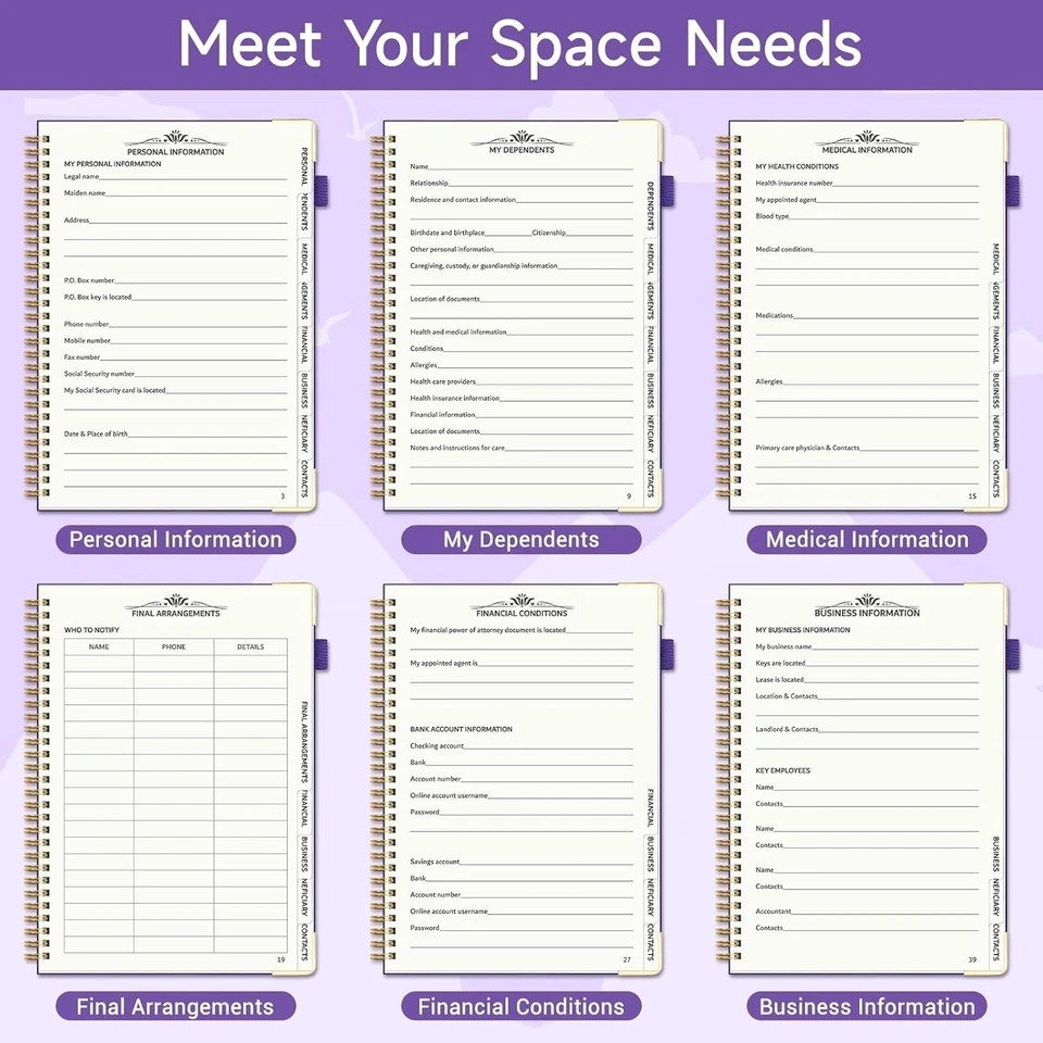 End of Life Planner, Estate Planning Organizer with Tabs for Senior, Spiral Fune