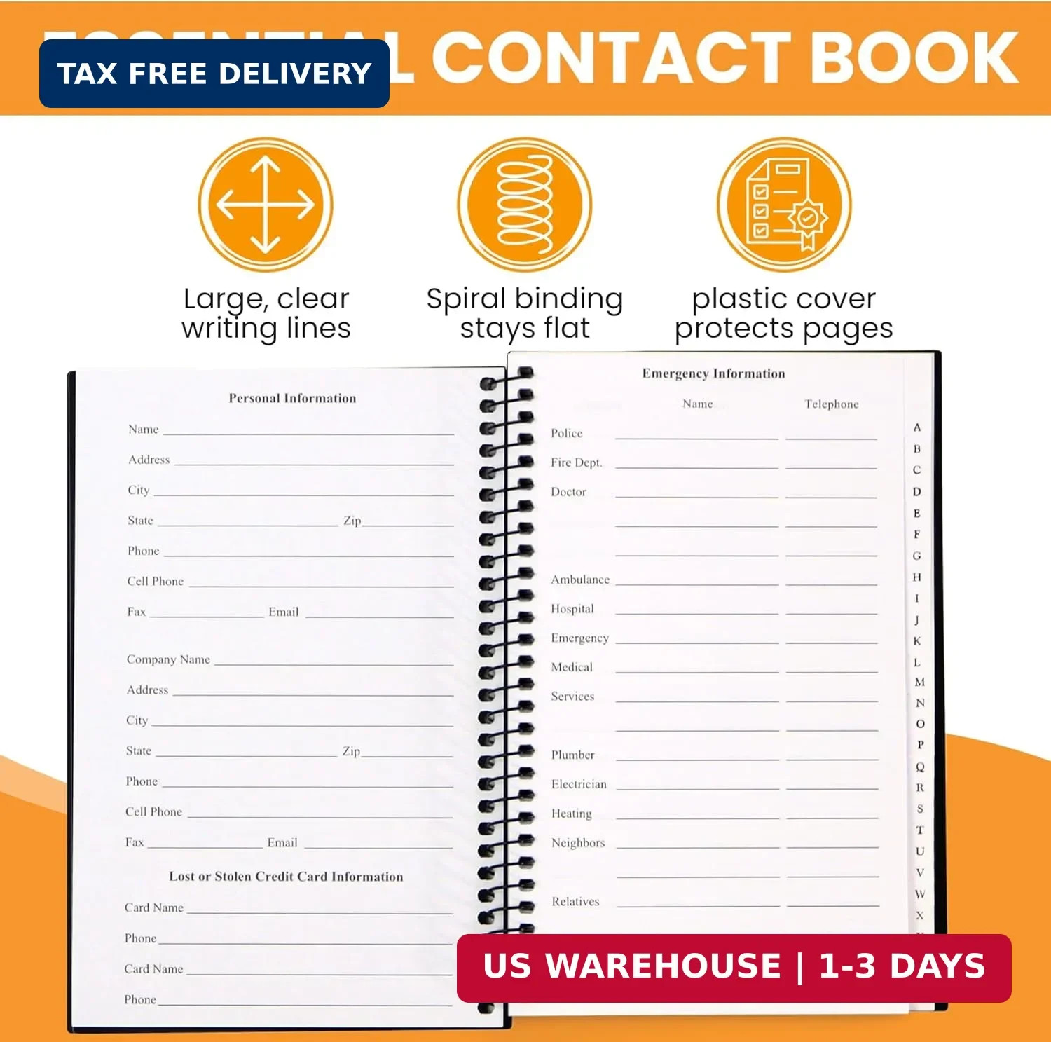 Iconikal Address Telephone Book, 8×5-Inch, Black, Spiral-Bound, 384 Contacts, Or