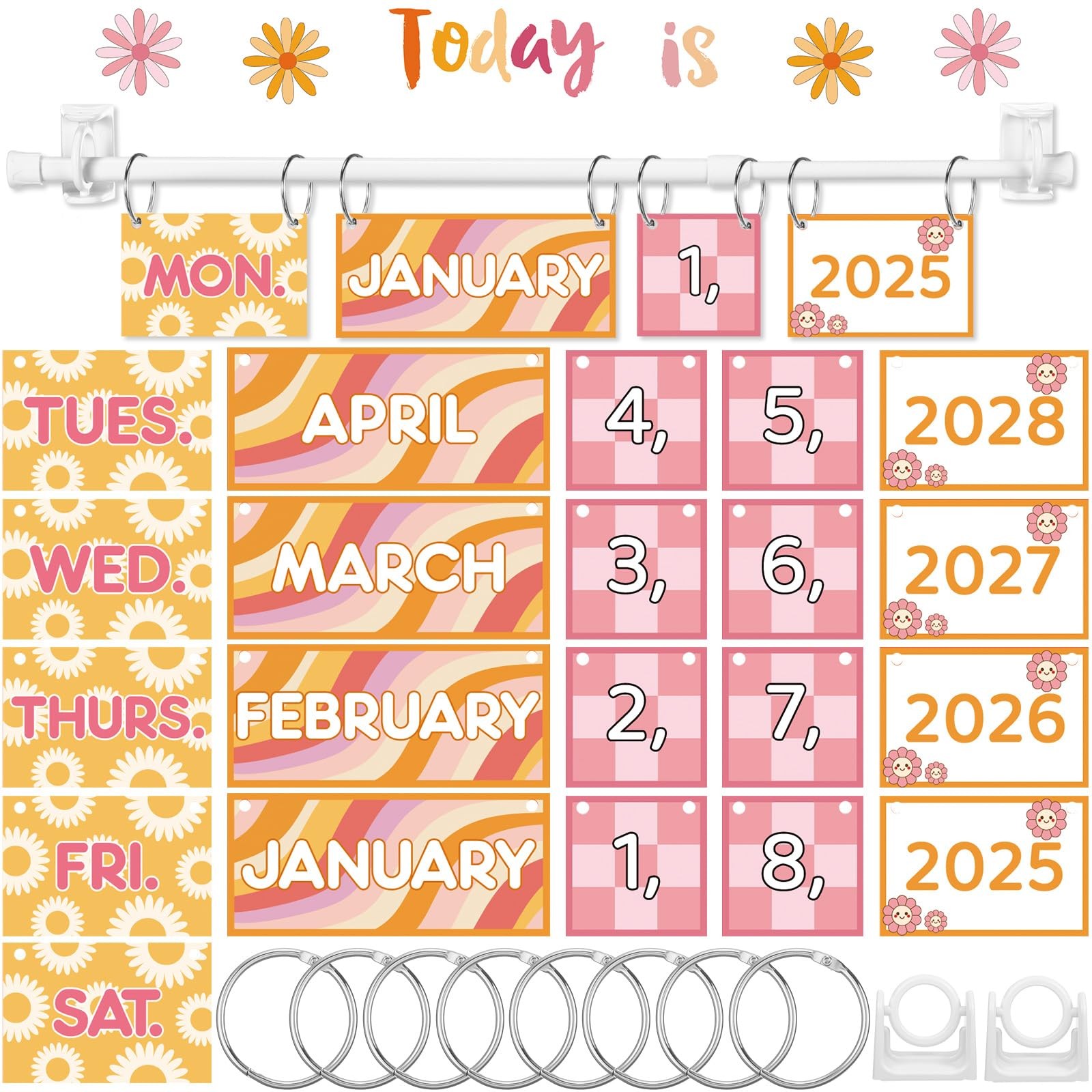 Pink Daisy Flip Classroom Calendar 54 Date Cards Adjustable Holder Bulletin
