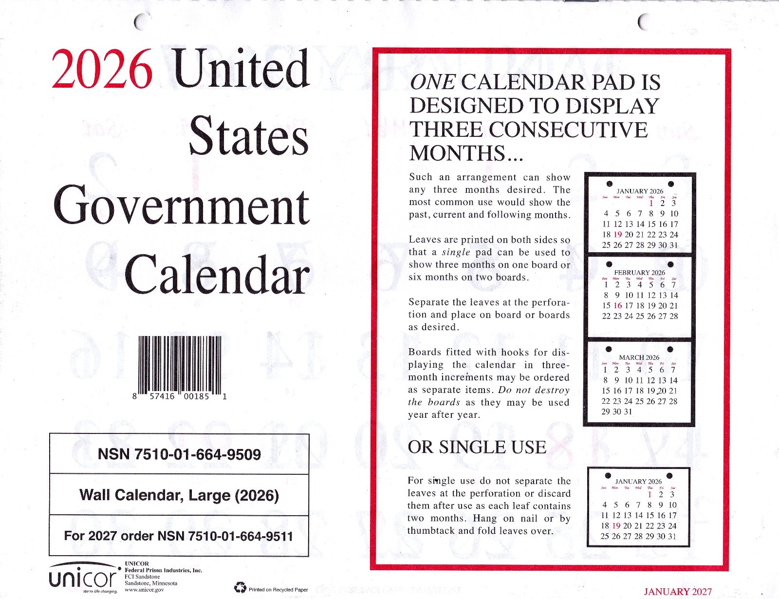 2026 US GOVERNMENT WALL CALENDAR UNICOR QTY:1 SINGLE CALENDAR – SUPER FAST SHIP!