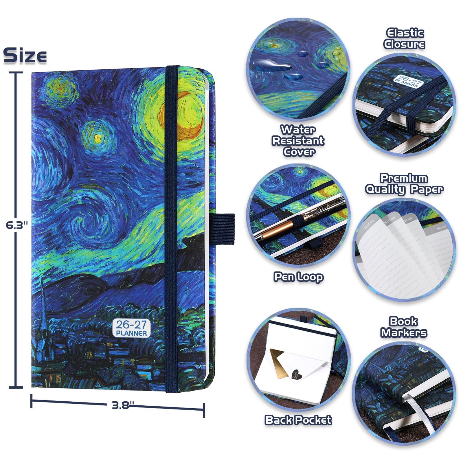 Pocket Planner 2026 2027 Weekly Monthly Calendar 3.8 x 6.3 Hardcover Pen Holder