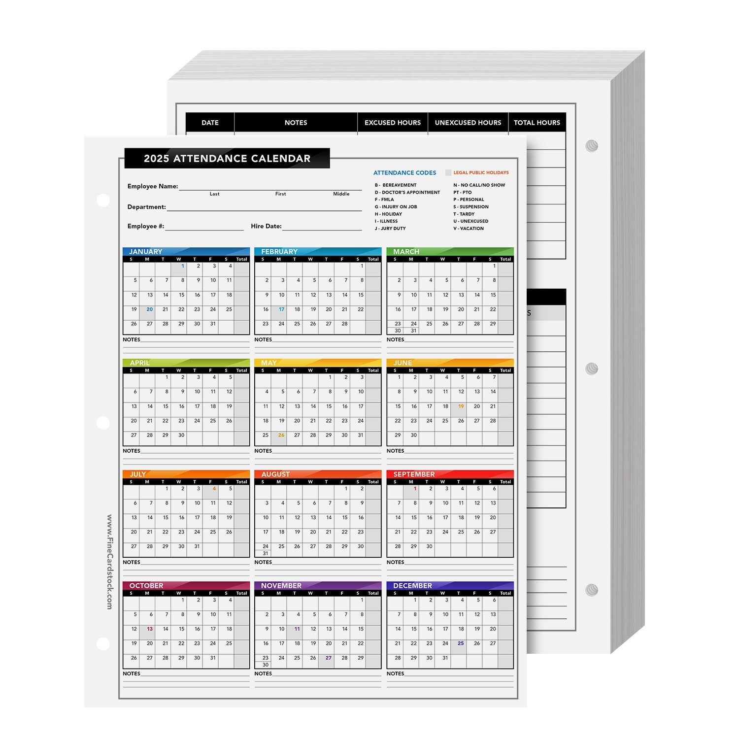 2025 Attendance Calendar Cardstock, Employee Work Tracker, 8.5 x 11, 25 Qty