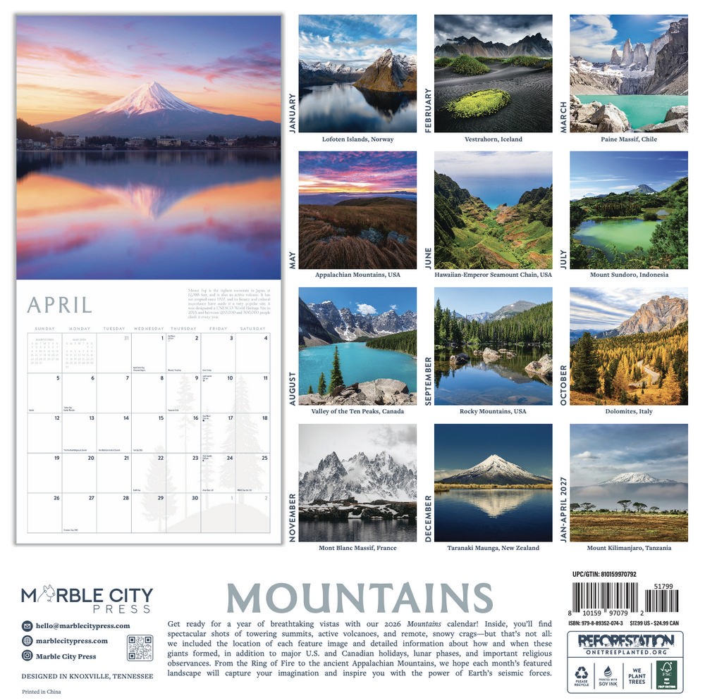 Mountains Calendar 2026 | 12″ x 24″ 12 Month | Marble City Press