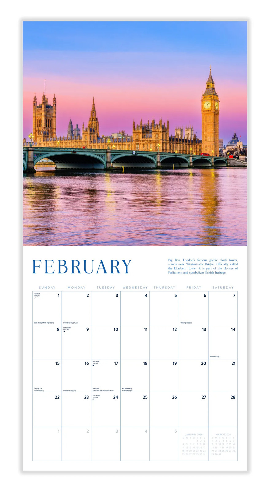 London Calendar 2026 | 12″ x 24″ 12 Month Calendar | Marble City Press