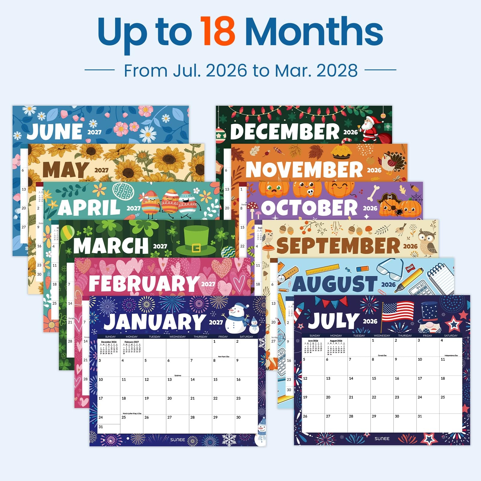 SUNEE Fridge Calendar 2026-2027 from July 2026 to March 2028, Seasonal