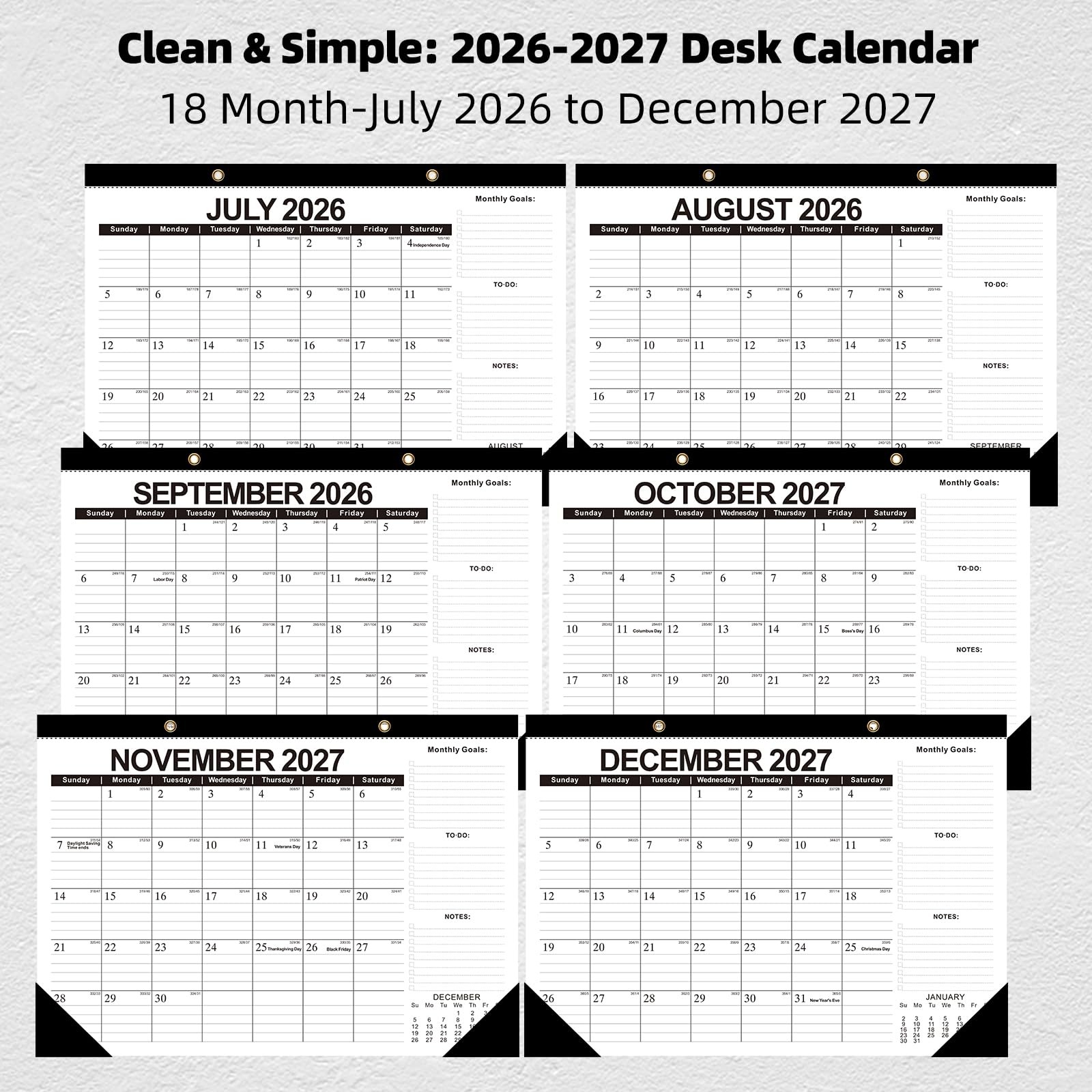 ZTX Desk Calendar 2026-2027 Wall 17″x12″Jul.2026-Dec.2027, Black