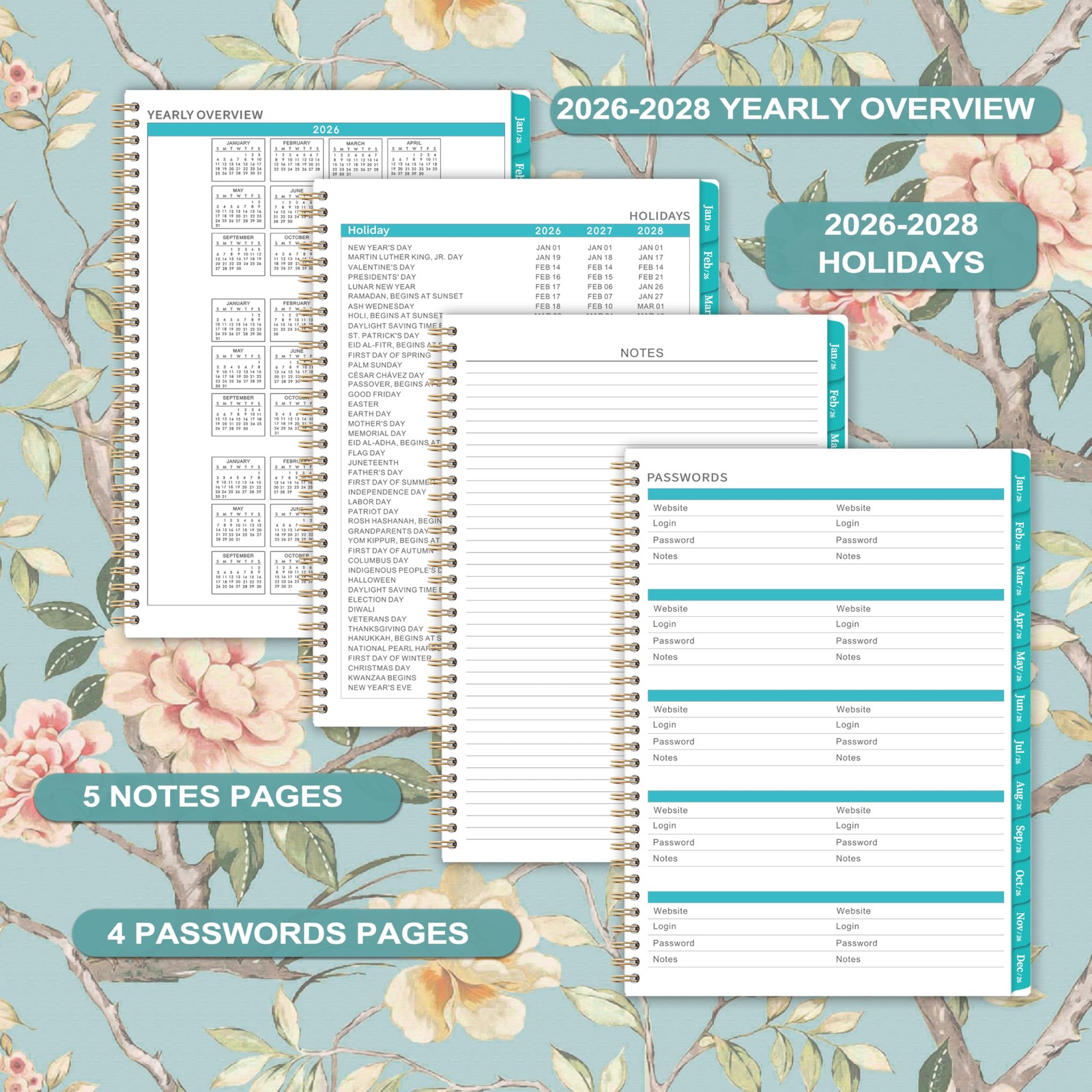 2026 Calendar Planner, Twin Wire Binding, 9×11 Inch, Notes Pages, Green