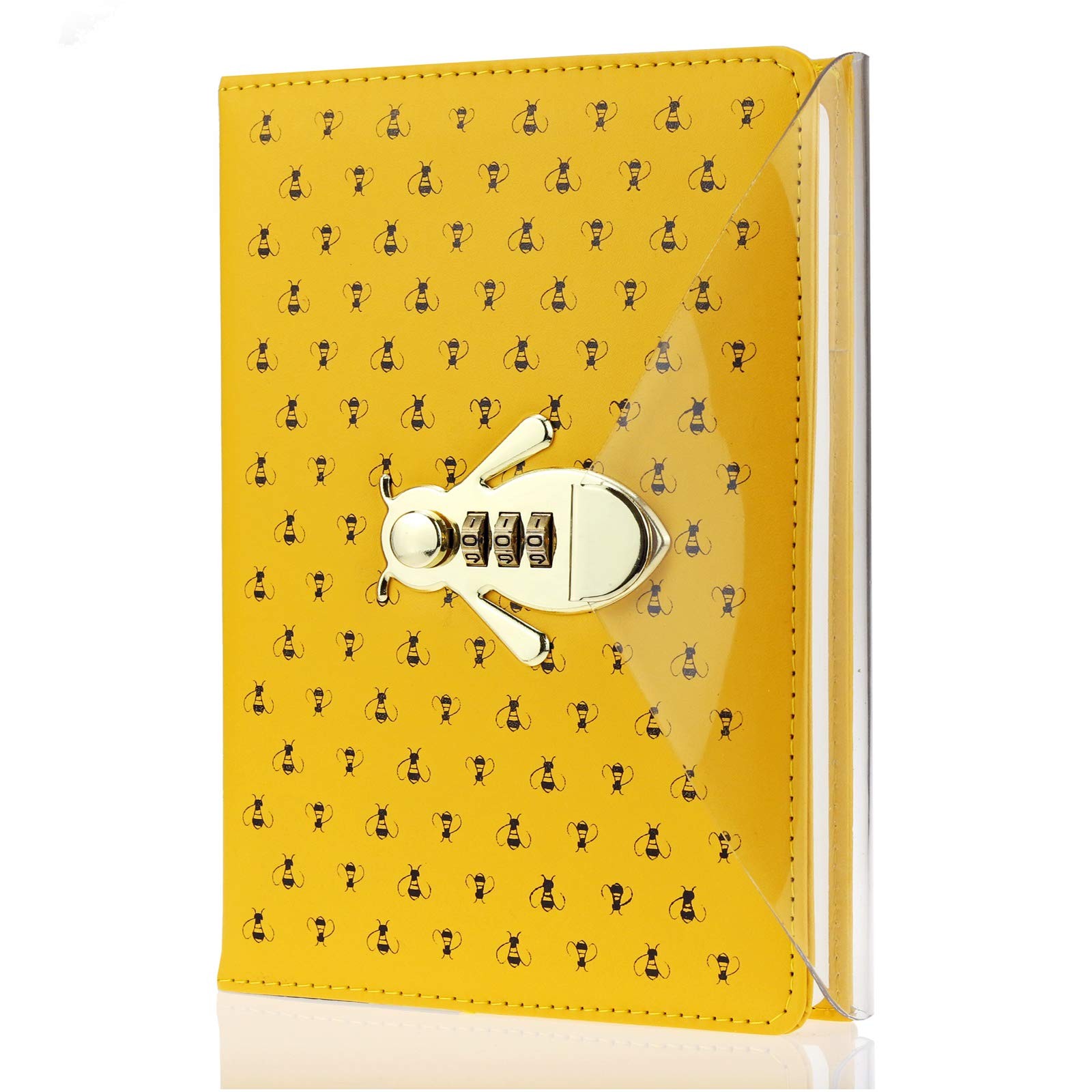 Mazeran Bee Shaped Combination Lock Journal, PU Leather Hard Yellow Bees