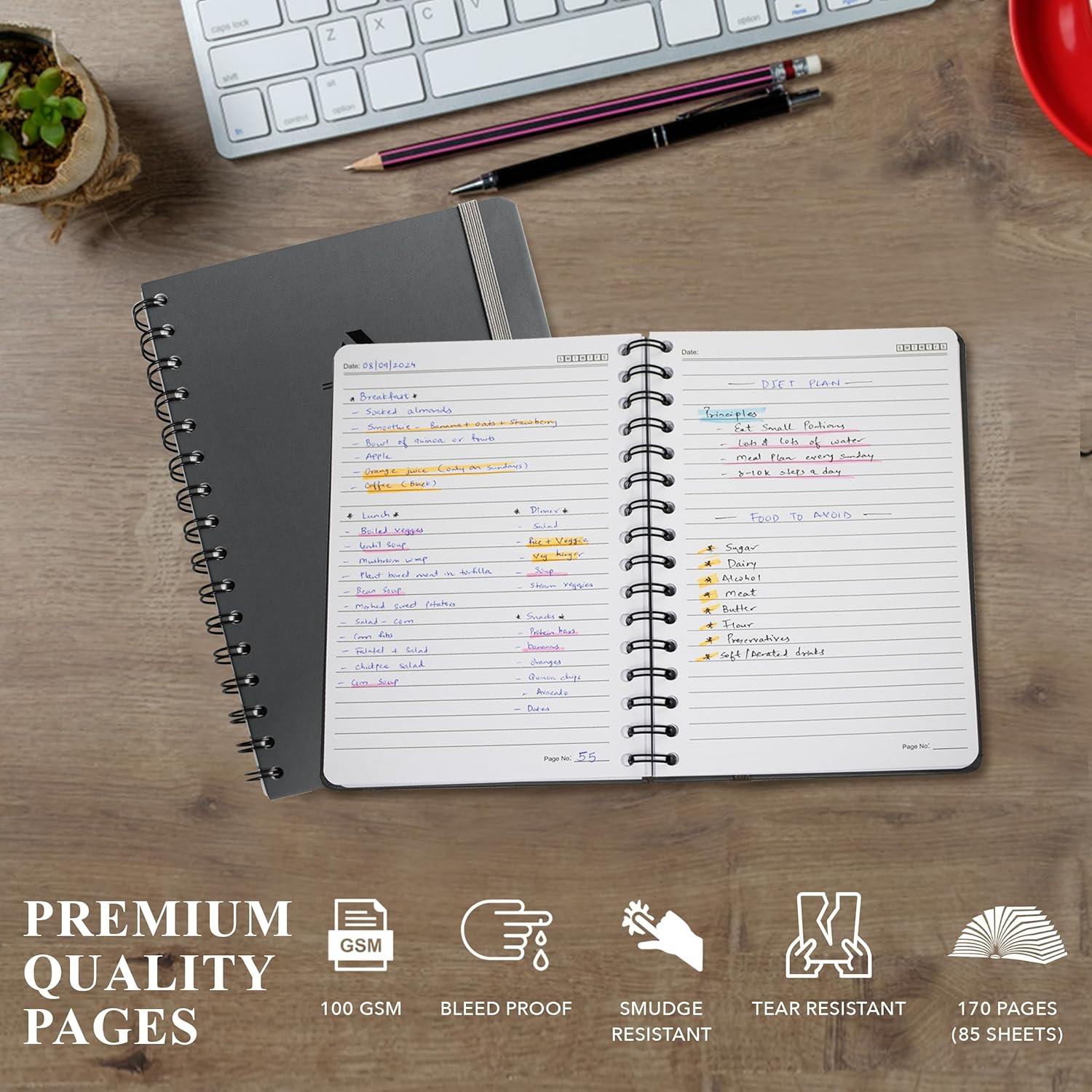 Professional Lined Spiral Notebook – A5 Hardcover Journal, 170 Pages, Grey