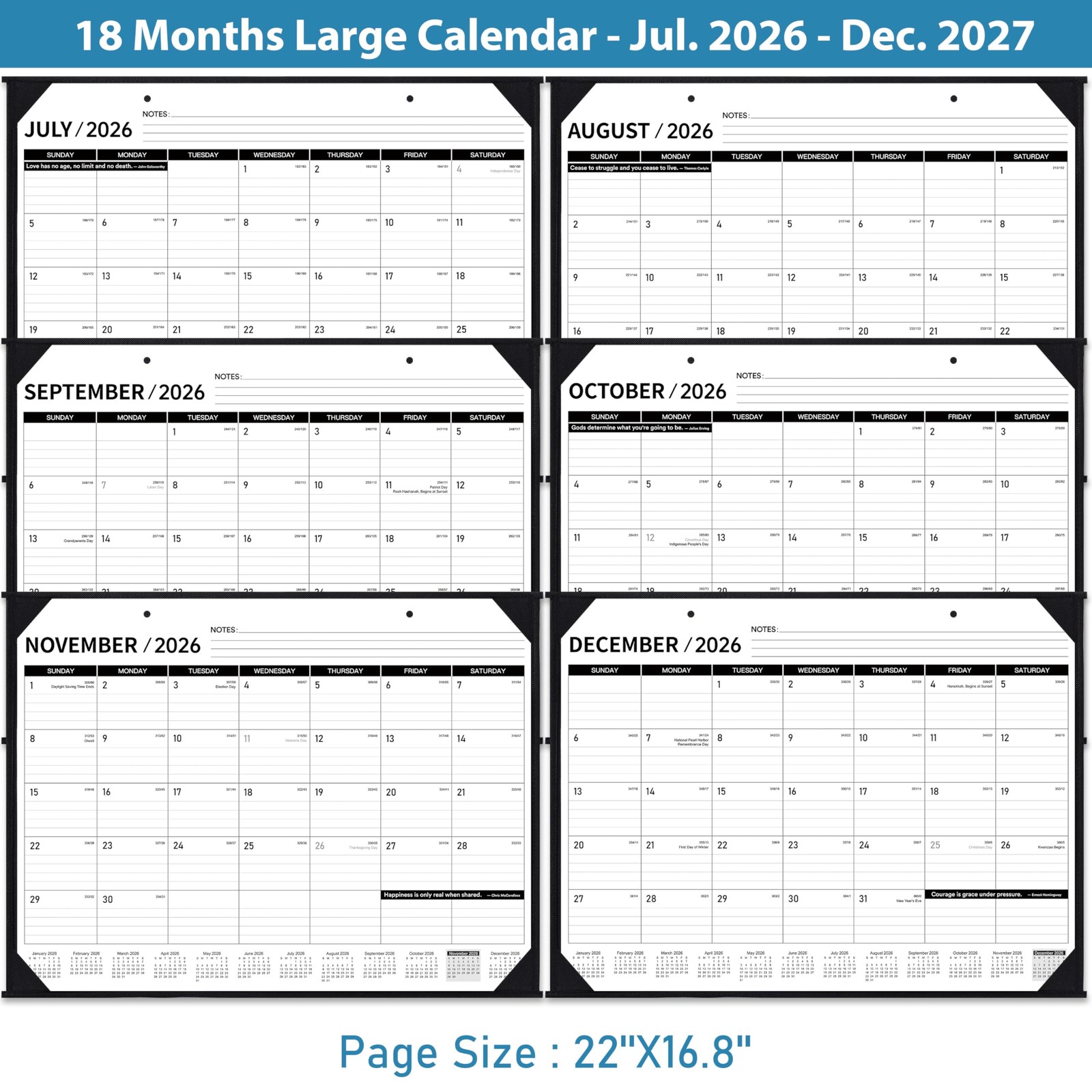 2026-2027 Desk Calendar – JUL. 2026 – DEC. 2027, 22″ x 17″, x black