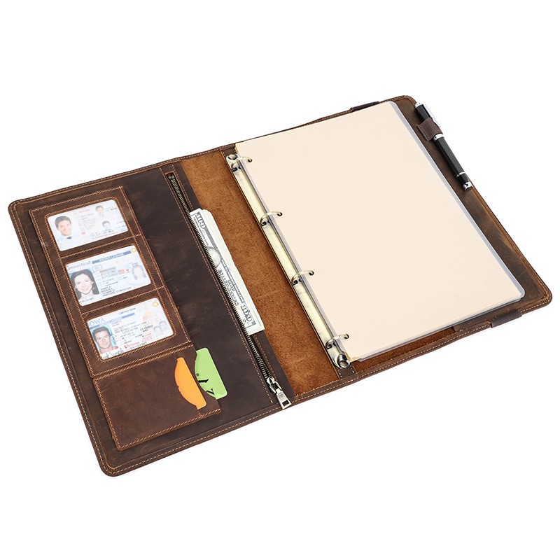 A4 Leather Portfolio 4 Ring Binder Business Notebook Organizer Document Case