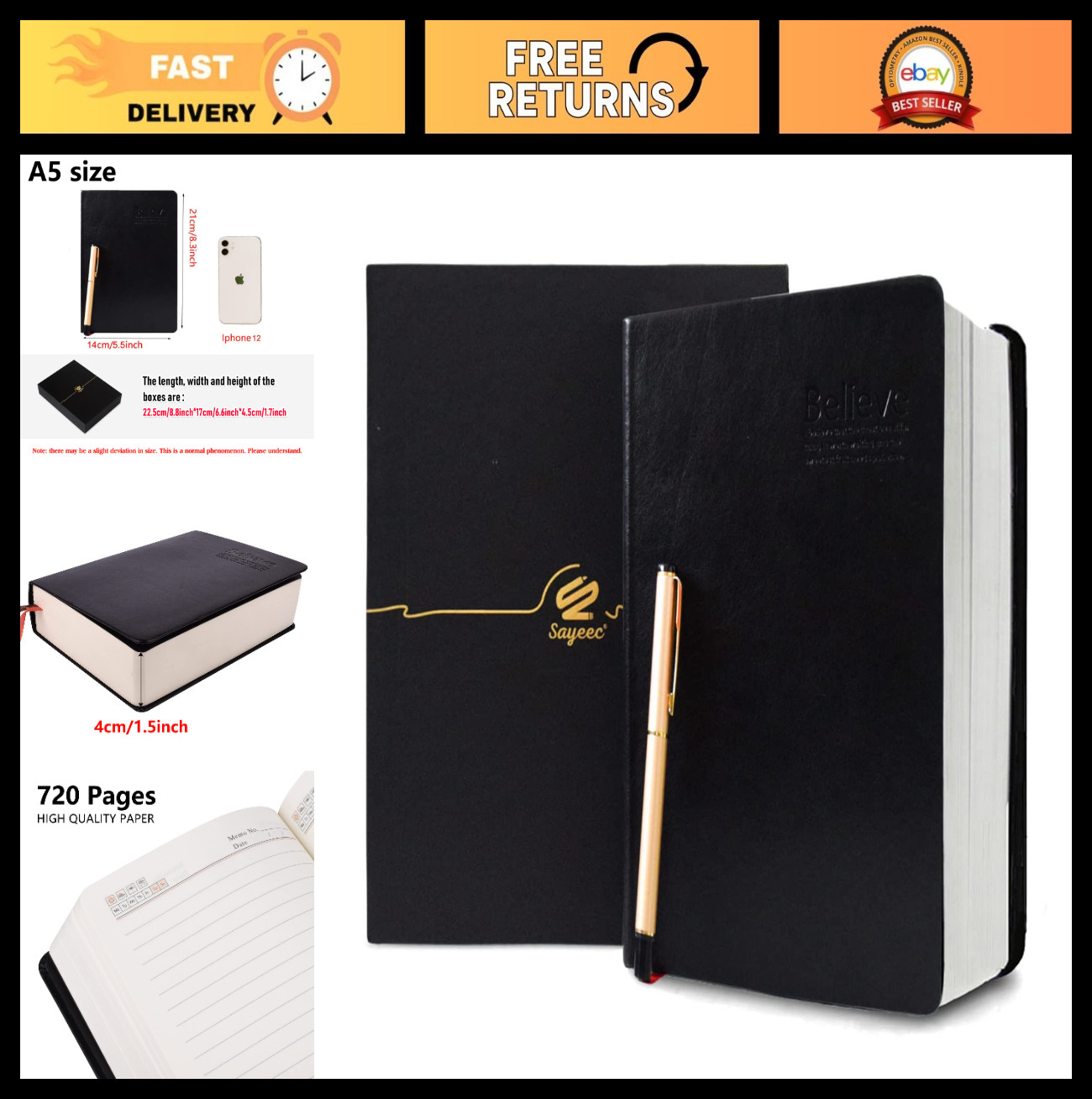 Large Leather A5 Journal 720 Pages Thick Lined Notebook with Pen Gift Set – Blac
