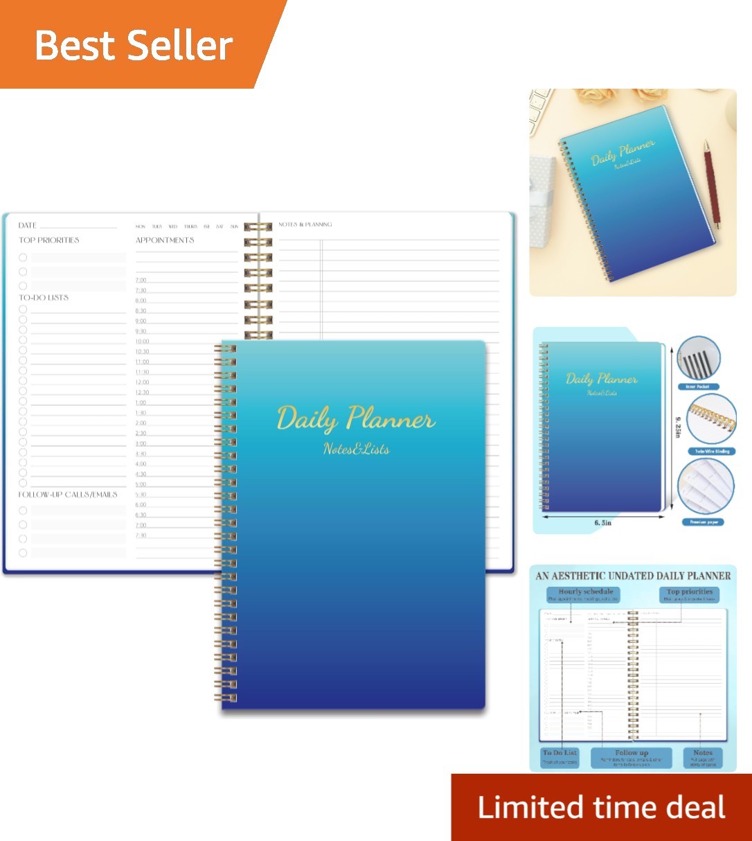 Undated Daily Planner with Hourly Schedule for Women and Men