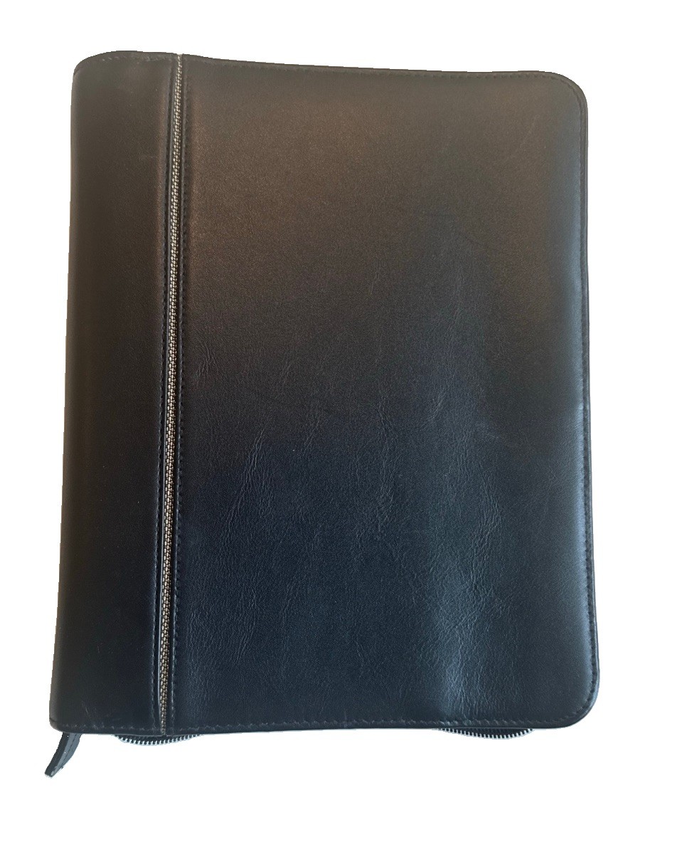 Vtg Franklin Covey Blk Full Grain Leather Planner Organizer 7 Ring Binder Zipper