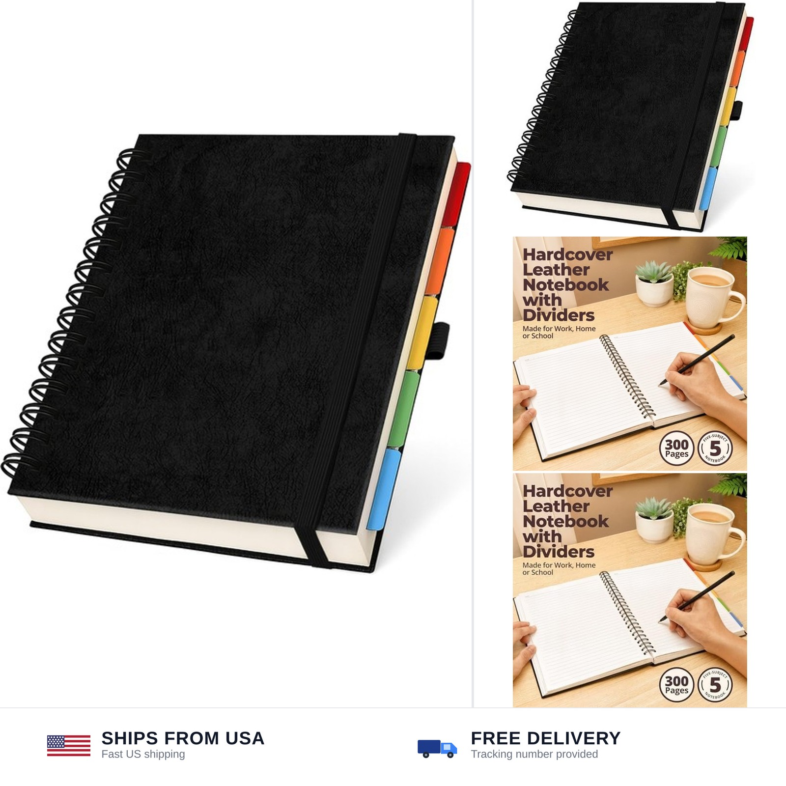 Hardcover Leather Lined Spiral Notebook 8×10″ with Removable Dividers – Black…