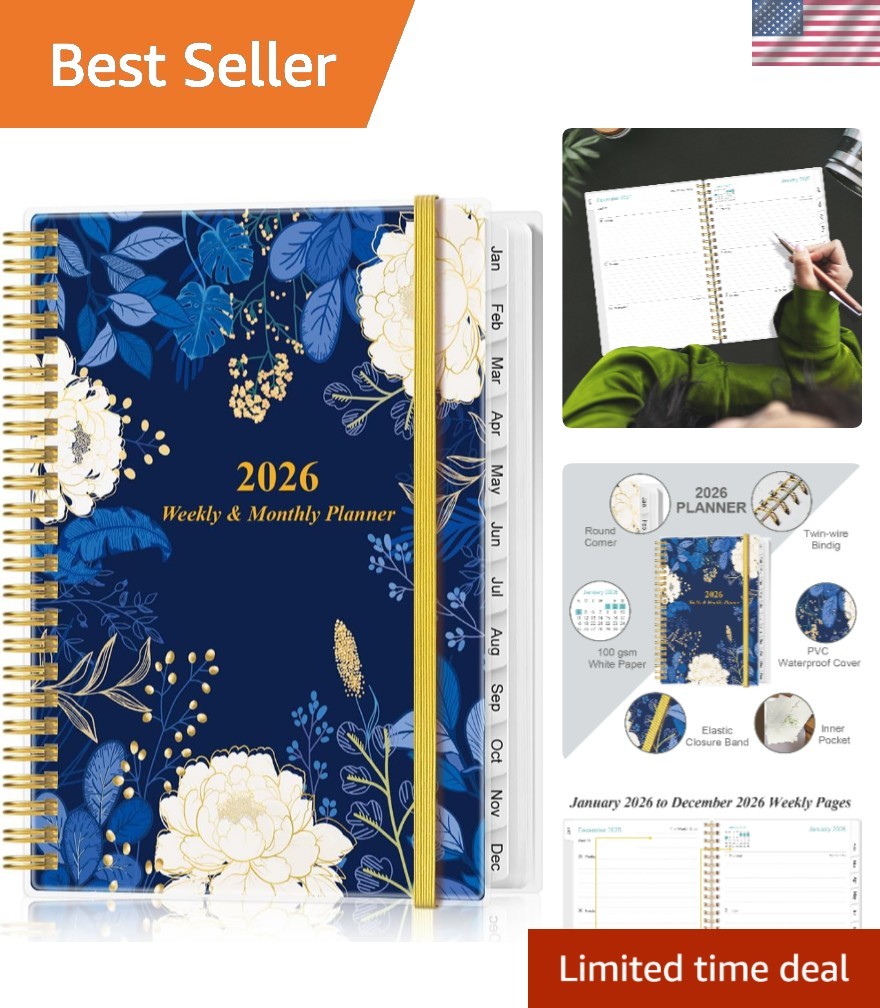 Elegant 2026 Weekly & Monthly Planner, Spiral Bound 6.4×8.5, Blue-Lef-Flower
