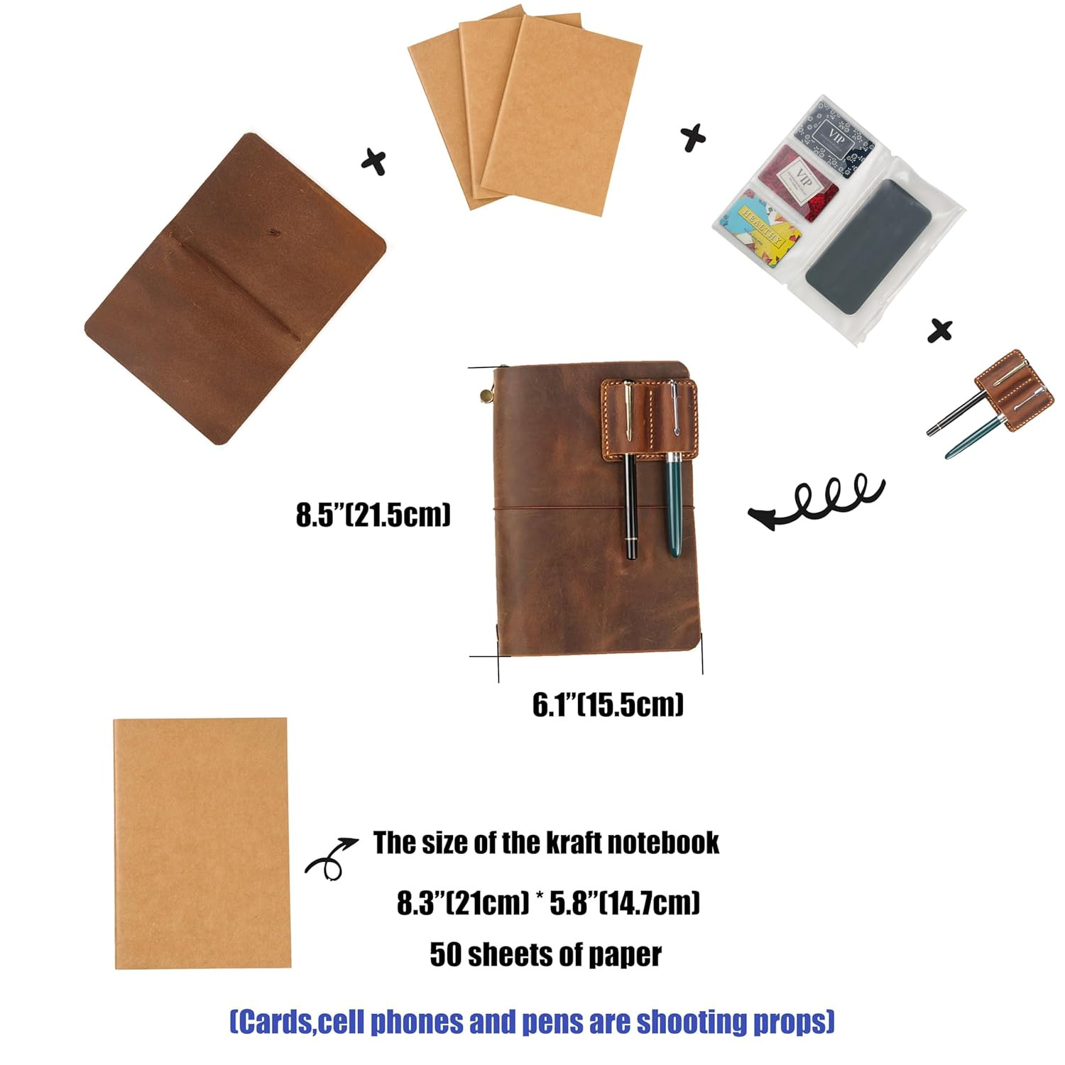 Leather A5 Travelers Notebook Cover with Inner Pockets and Card Slots and Pen Ho