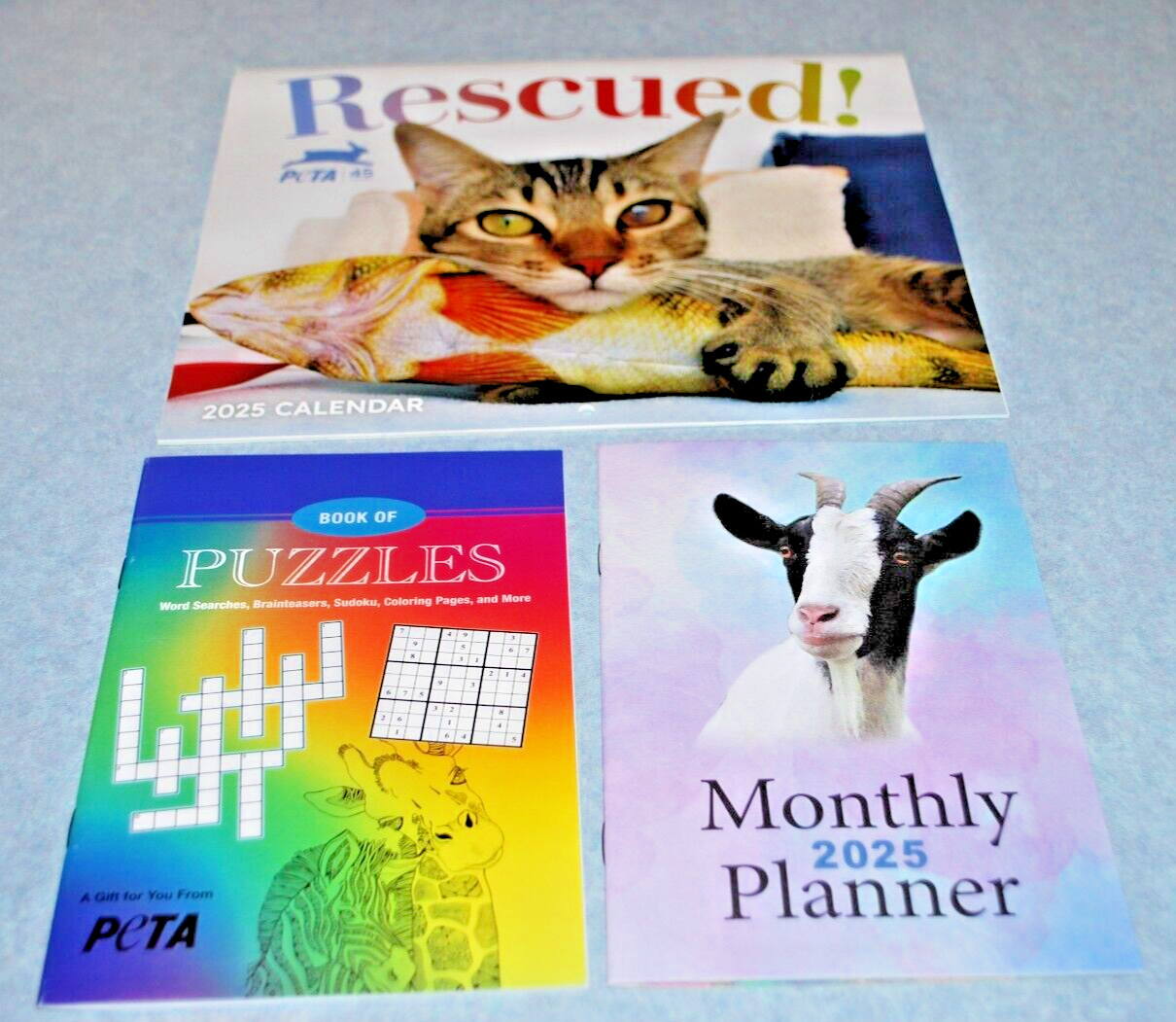 2025 PETA 8 x 10 Wall Calendar/ Monthly Planner/ Puzzle Book/Greeting Cards Lot