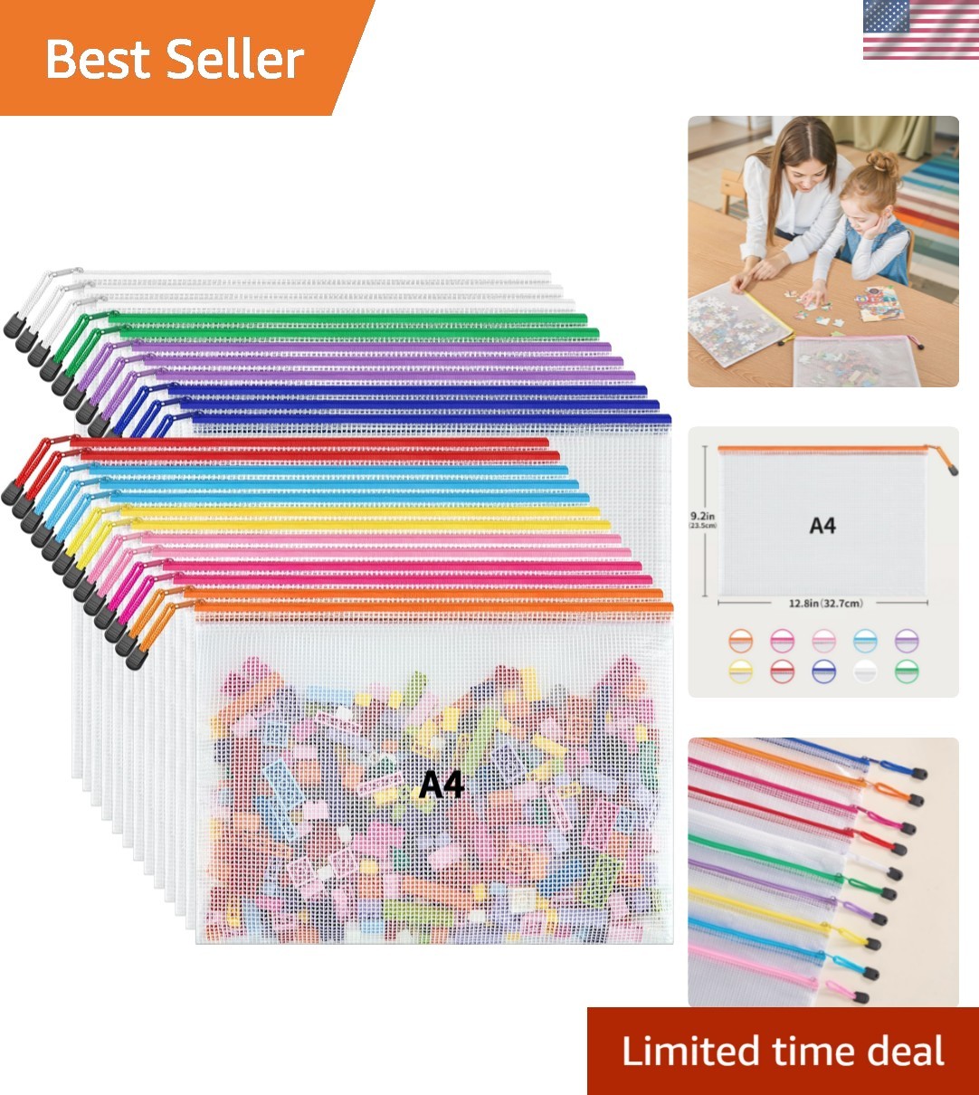 A4 Letter Size 24 Pack 10 Colors Zipper Mesh Document Pouch, Mesh Bags for Bo…