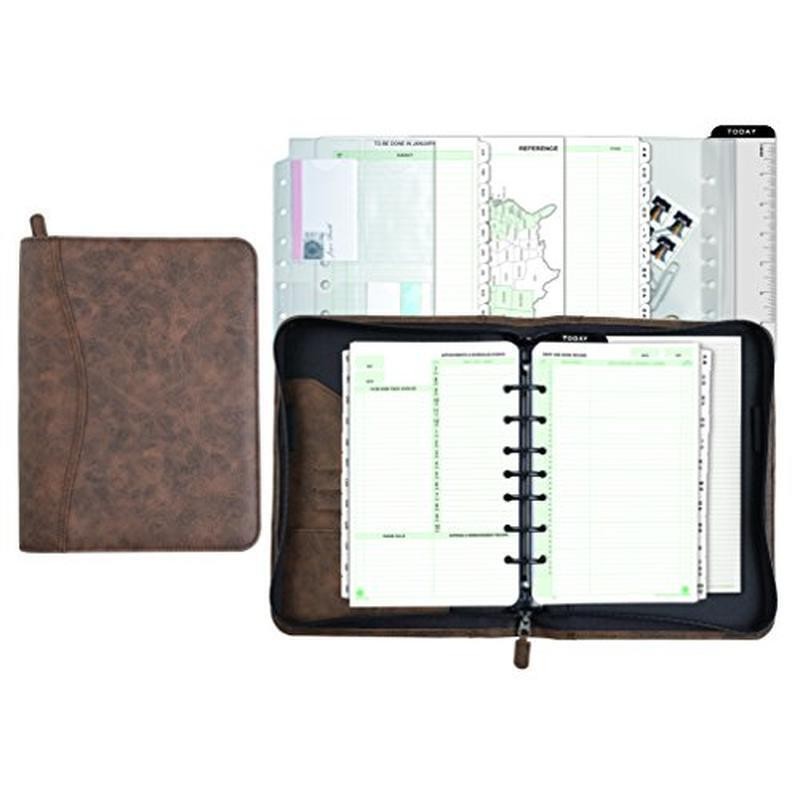 7 Ring Undated Planner Set Organizer Desk Size Accessories Dark Tan Vinyl New